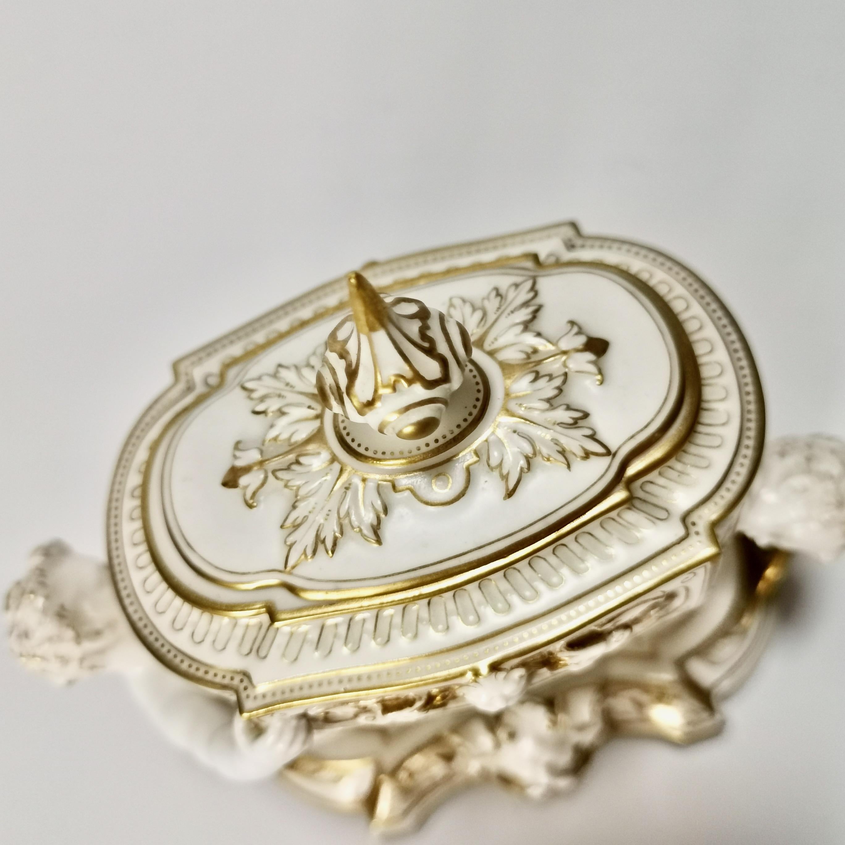 Royal Stamp Box, White Porcelain, Gilt, Cherubs, Royal Worcester, Edwardian 1902 1