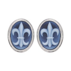 Antique Royal Symbol Fleur-de-Lis Agate Carving Sterling Silver Gemstone Cufflinks