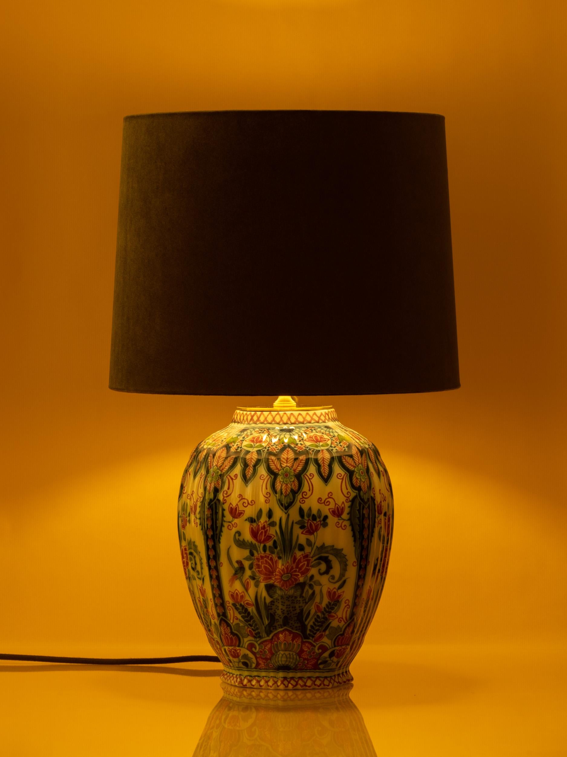 Royal Tichelaar Makkum Delft Lamps (1940-1979) with New Green Velvet Shades 3