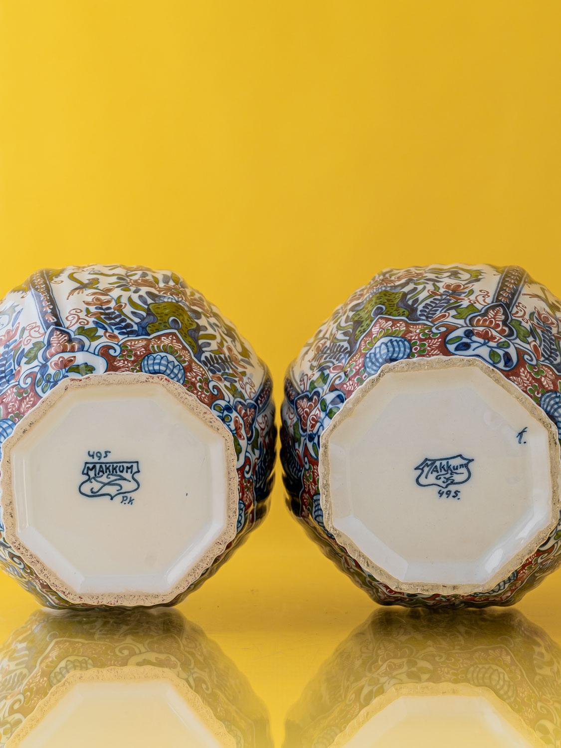Royal Tichelaar Makkum Delft Lamps (1940-1979) with New Green Velvet Shades 5