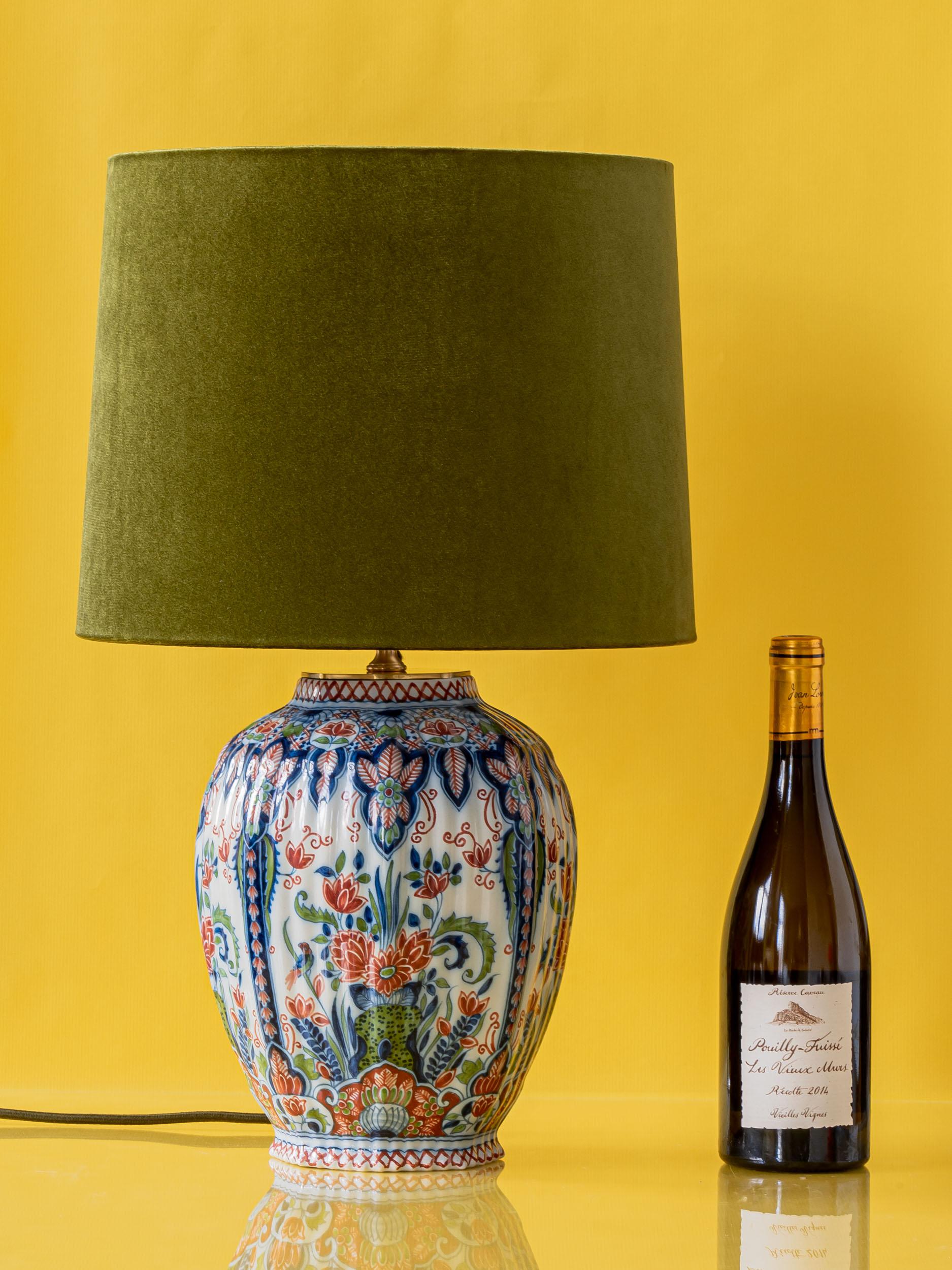 Chinoiserie Royal Tichelaar Makkum Delft Lamps (1940-1979) with New Green Velvet Shades