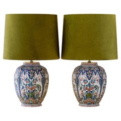 Royal Tichelaar Makkum Delft Lamps (1940-1979) with New Green Velvet Shades