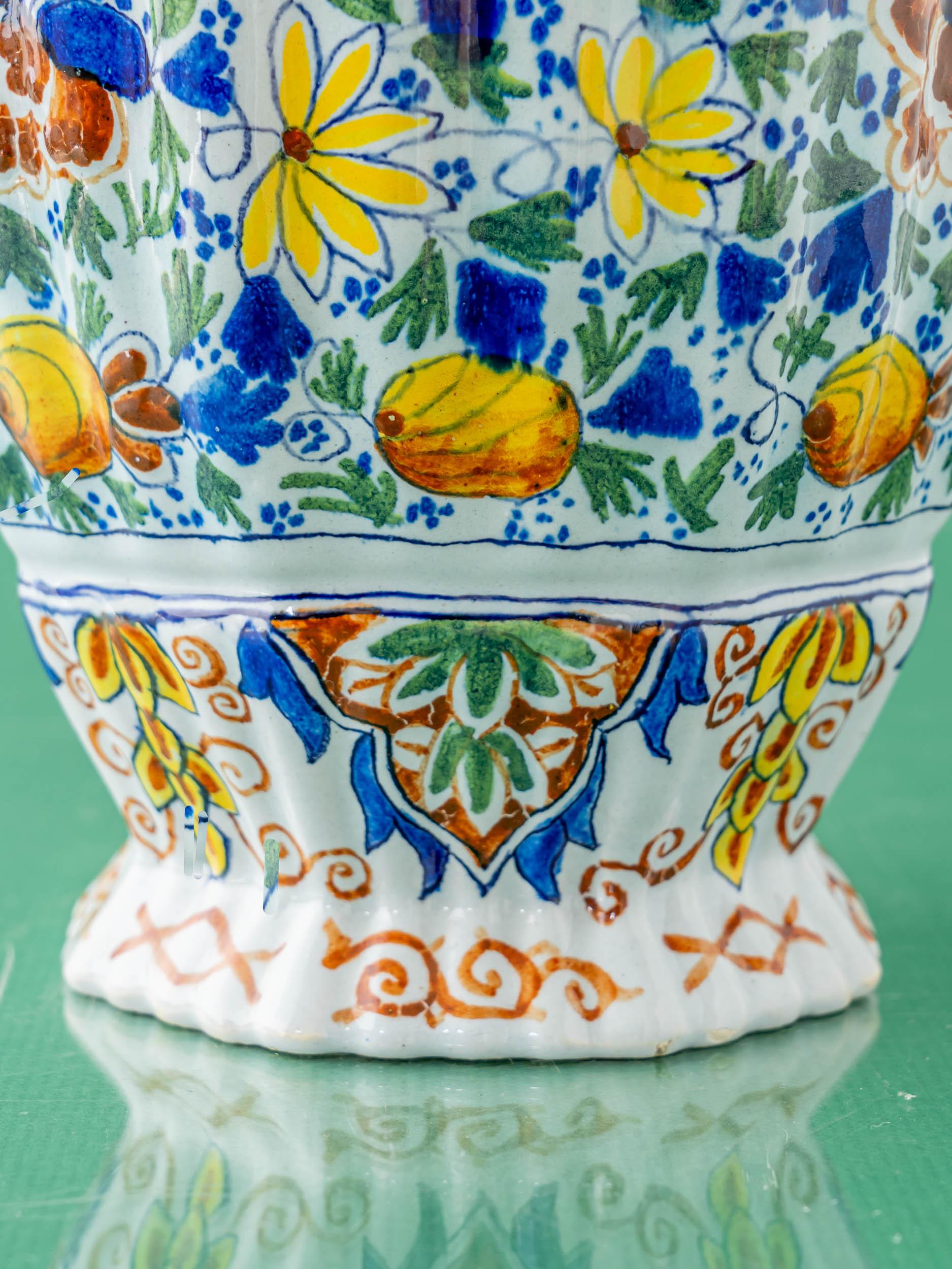 Royal Tichelaar Makkum Delft Vase Lamps, circa 1890, Yellow Linen Shades For Sale 5