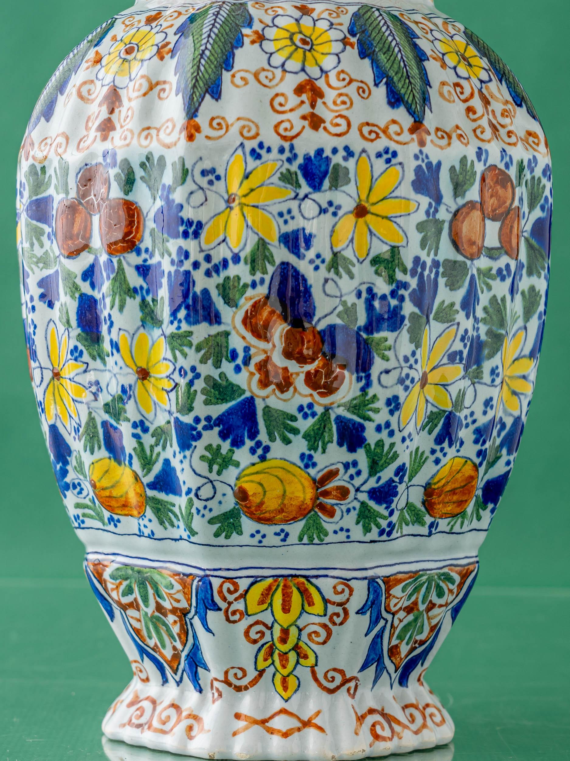 Royal Tichelaar Makkum Delft Vase Lamps, circa 1890, Yellow Linen Shades For Sale 6