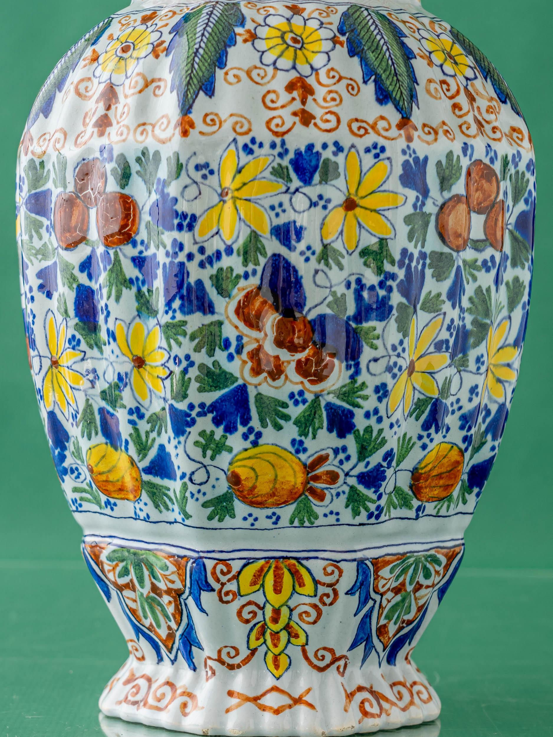 Royal Tichelaar Makkum Delft Table Lamps, c 1890 with New Yellow Linen Shades 5