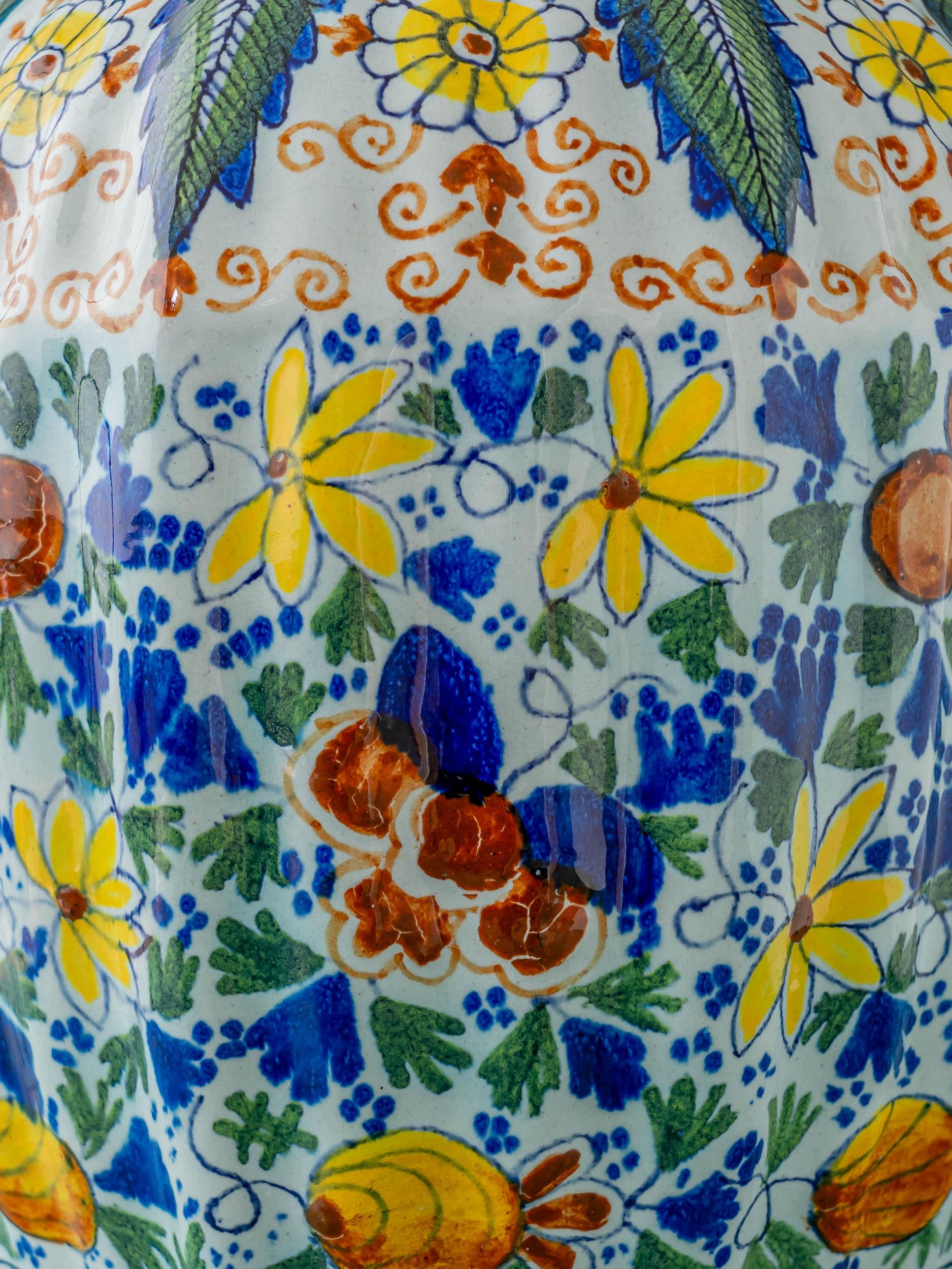 Royal Tichelaar Makkum Delft Vase Lamps, circa 1890, Yellow Linen Shades For Sale 7