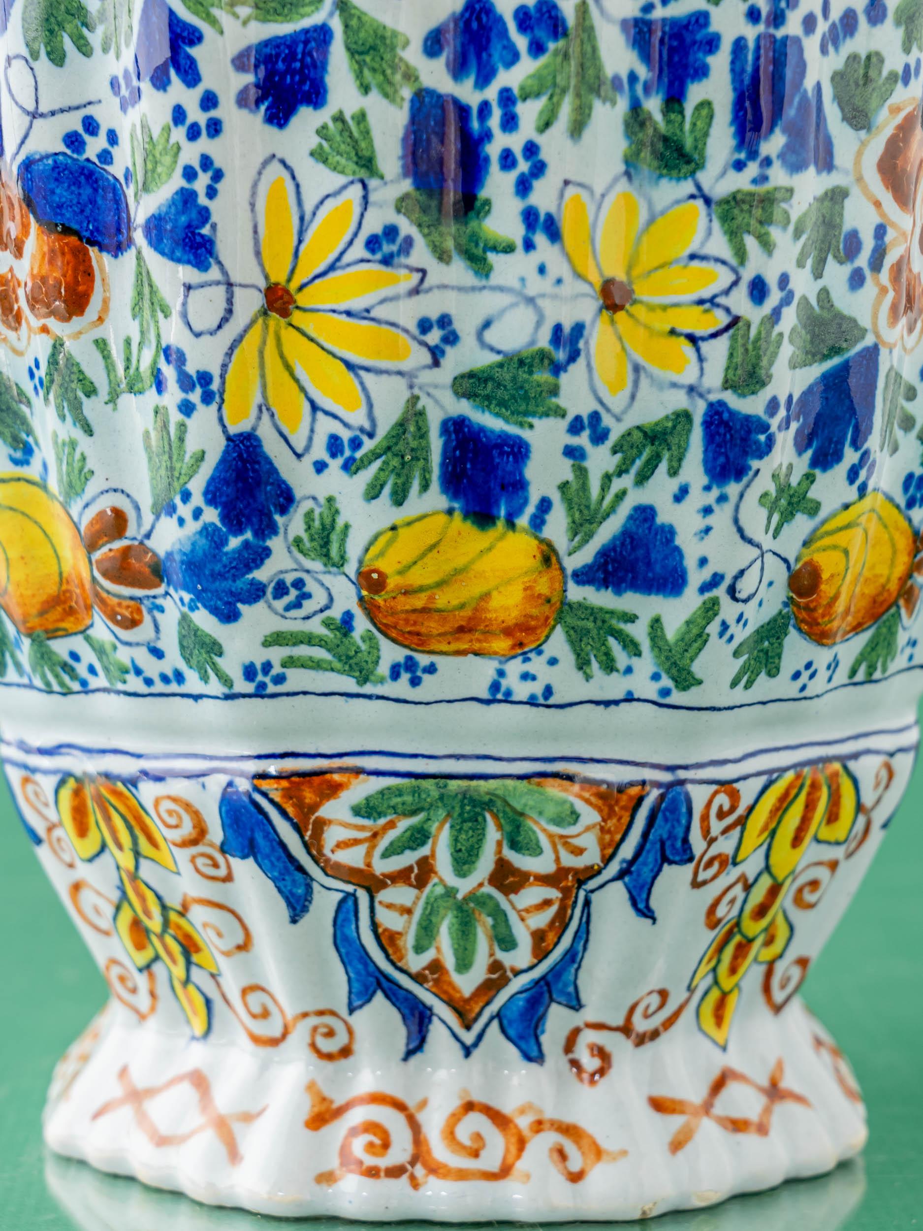 Royal Tichelaar Makkum Delft Vase Lamps, circa 1890, Yellow Linen Shades For Sale 9