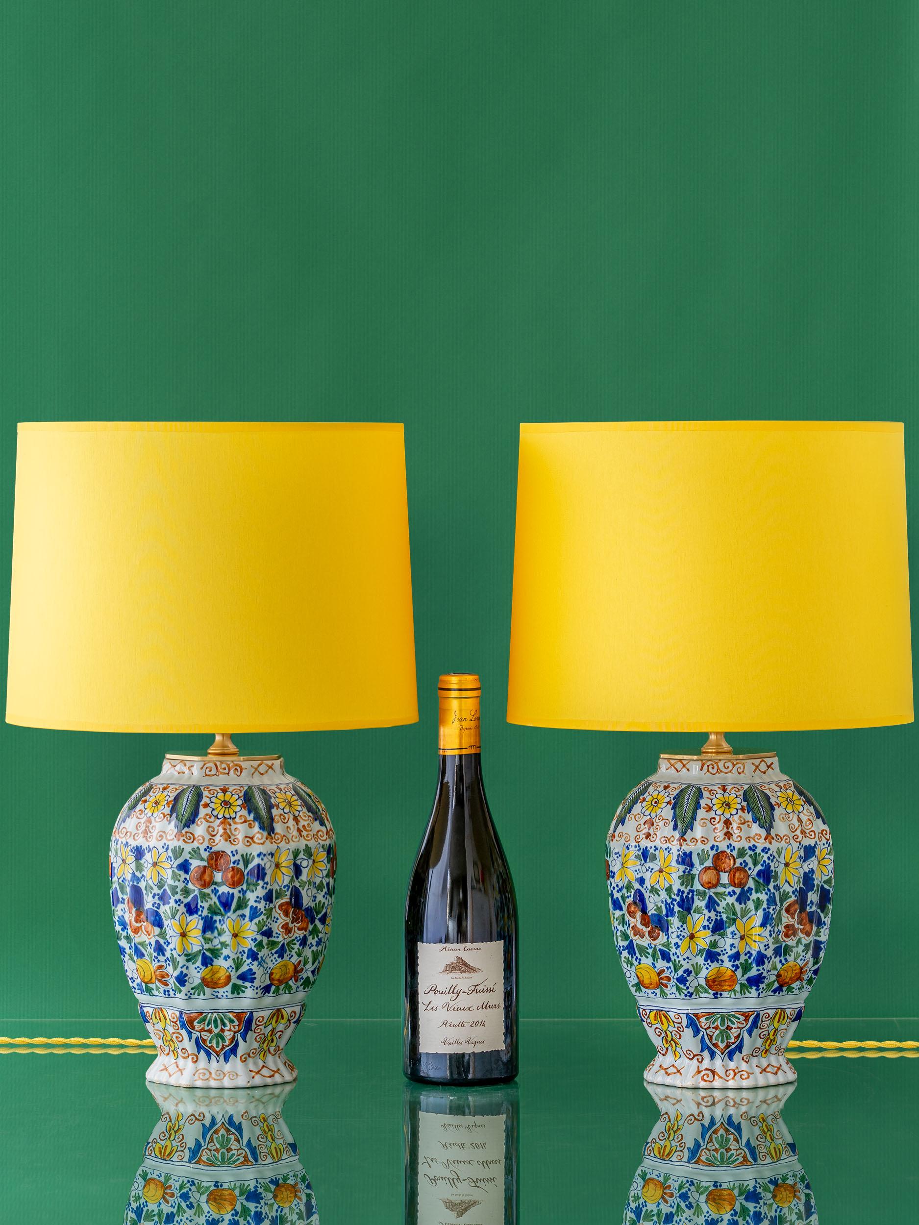 Chinoiserie Royal Tichelaar Makkum Delft Table Lamps, c 1890 with New Yellow Linen Shades