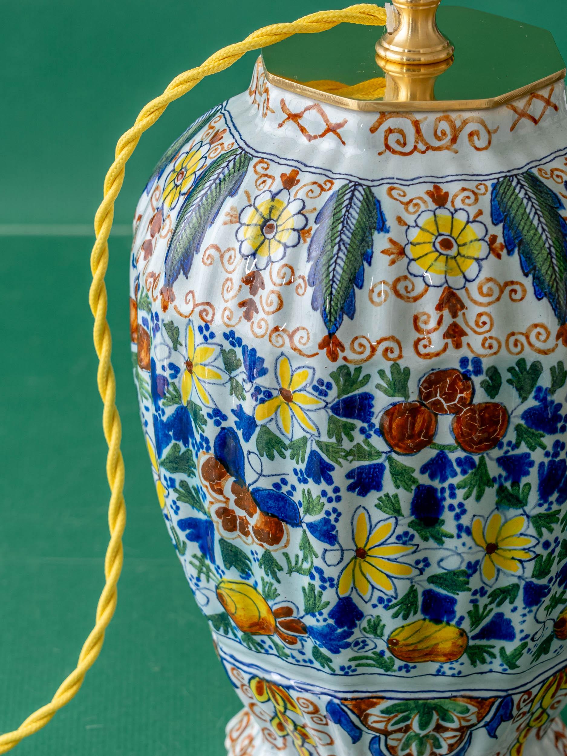Dutch Royal Tichelaar Makkum Delft Vase Lamps, circa 1890, Yellow Linen Shades For Sale