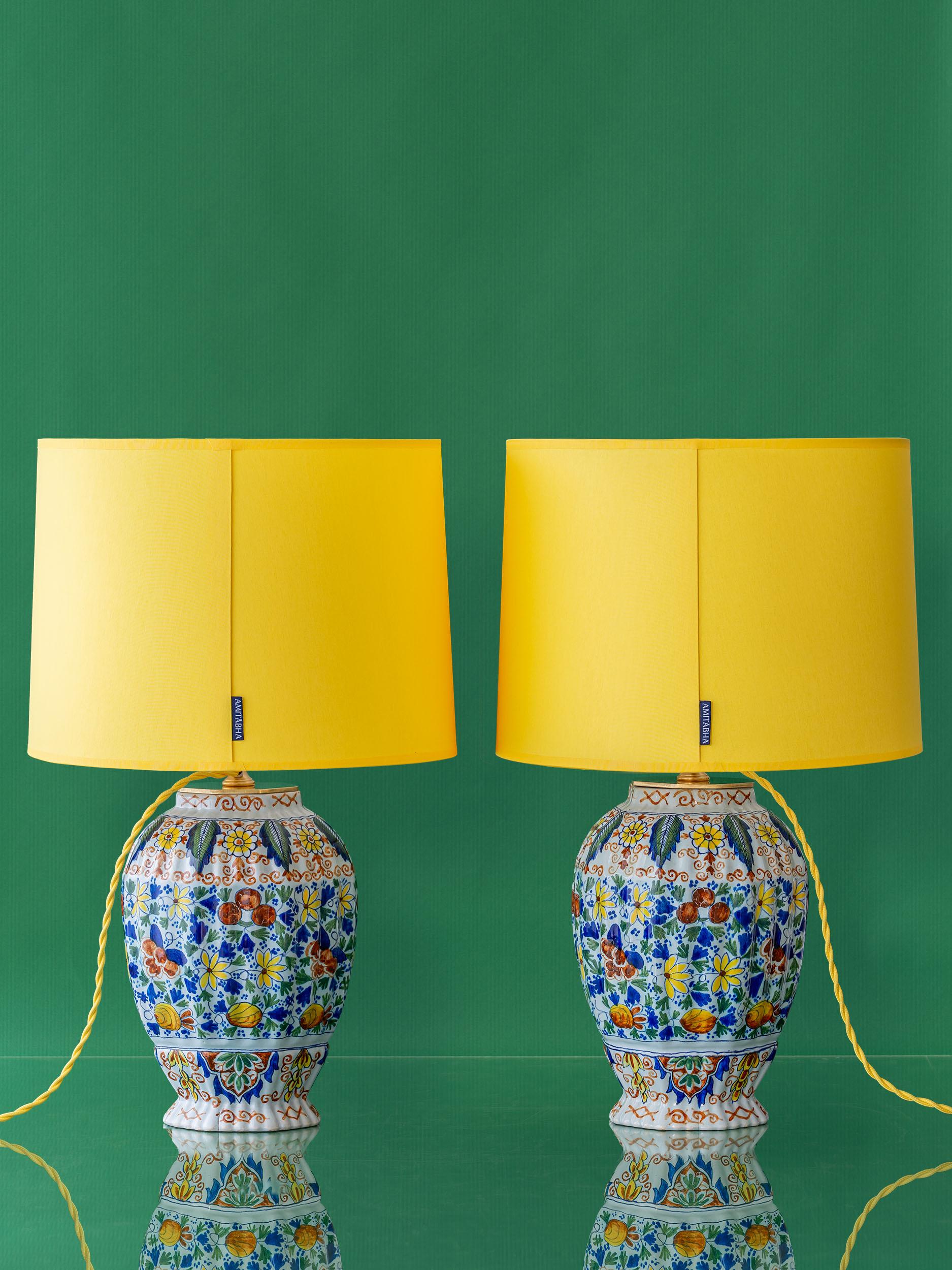 Hand-Painted Royal Tichelaar Makkum Delft Vase Lamps, circa 1890, Yellow Linen Shades For Sale