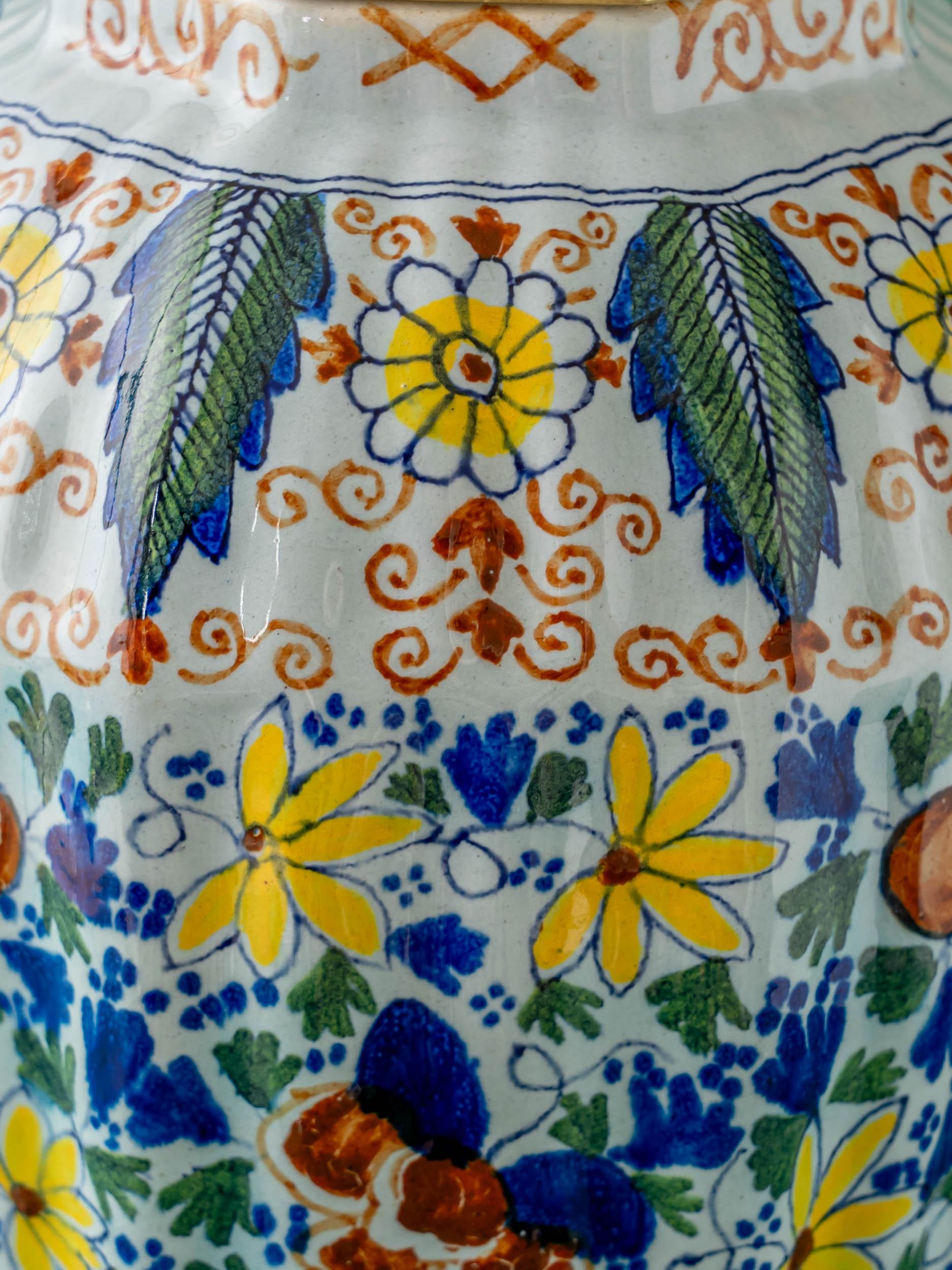 Brass Royal Tichelaar Makkum Delft Vase Lamps, circa 1890, Yellow Linen Shades For Sale