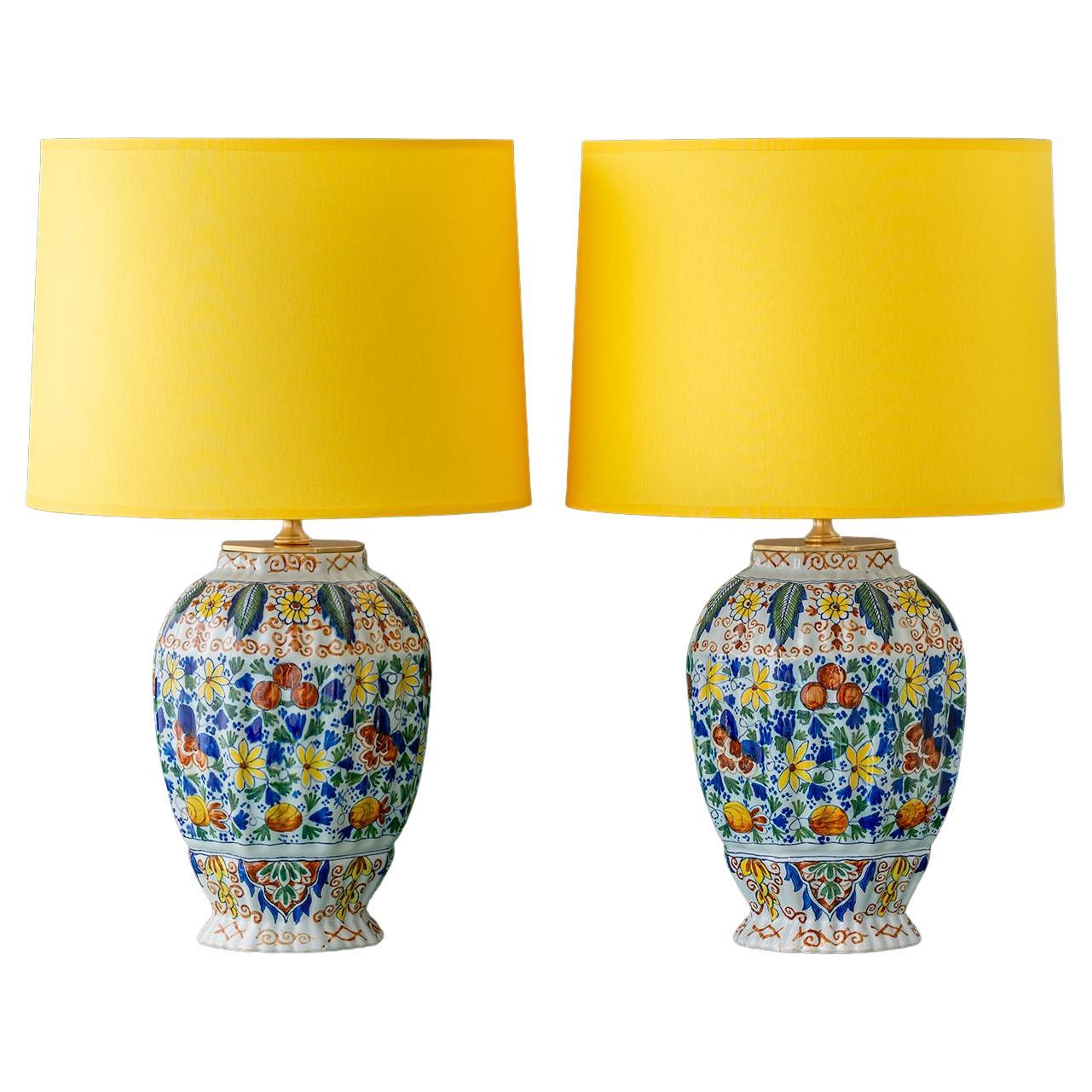 Royal Tichelaar Makkum Delft Vase Lamps, circa 1890, Yellow Linen Shades For Sale