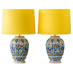 Antique Royal Tichelaar Makkum Delft Vase Lamps, circa 1890, Yellow Linen Shades