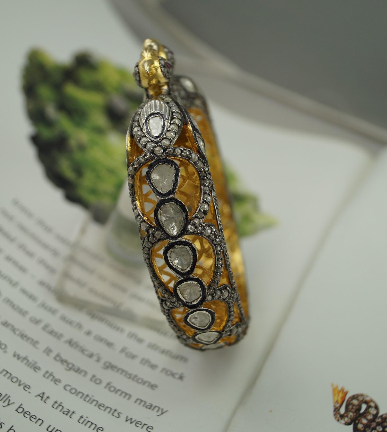 Royal uncut rose Diamond ruby yellow gold-plated 925 silver peacock bracelet In New Condition For Sale In Delhi, DL