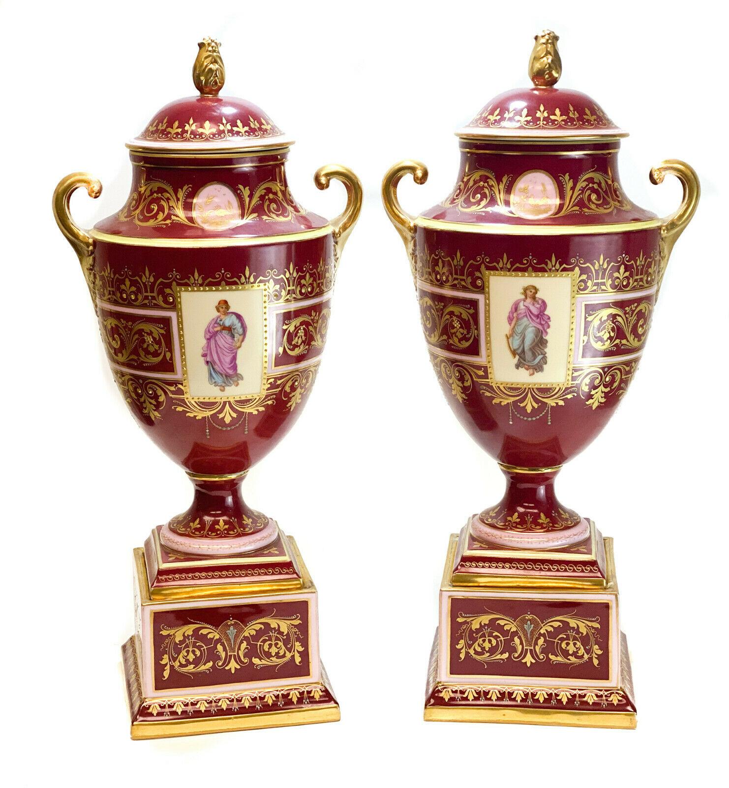 Royal Vienna Austria Hand Painted Porcelain Double Handled Urns In Good Condition For Sale In Pasadena, CA