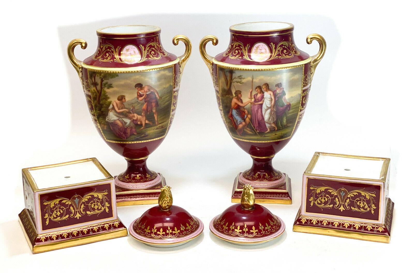 Royal Vienna Austria Hand Painted Porcelain Double Handled Urns For Sale 1