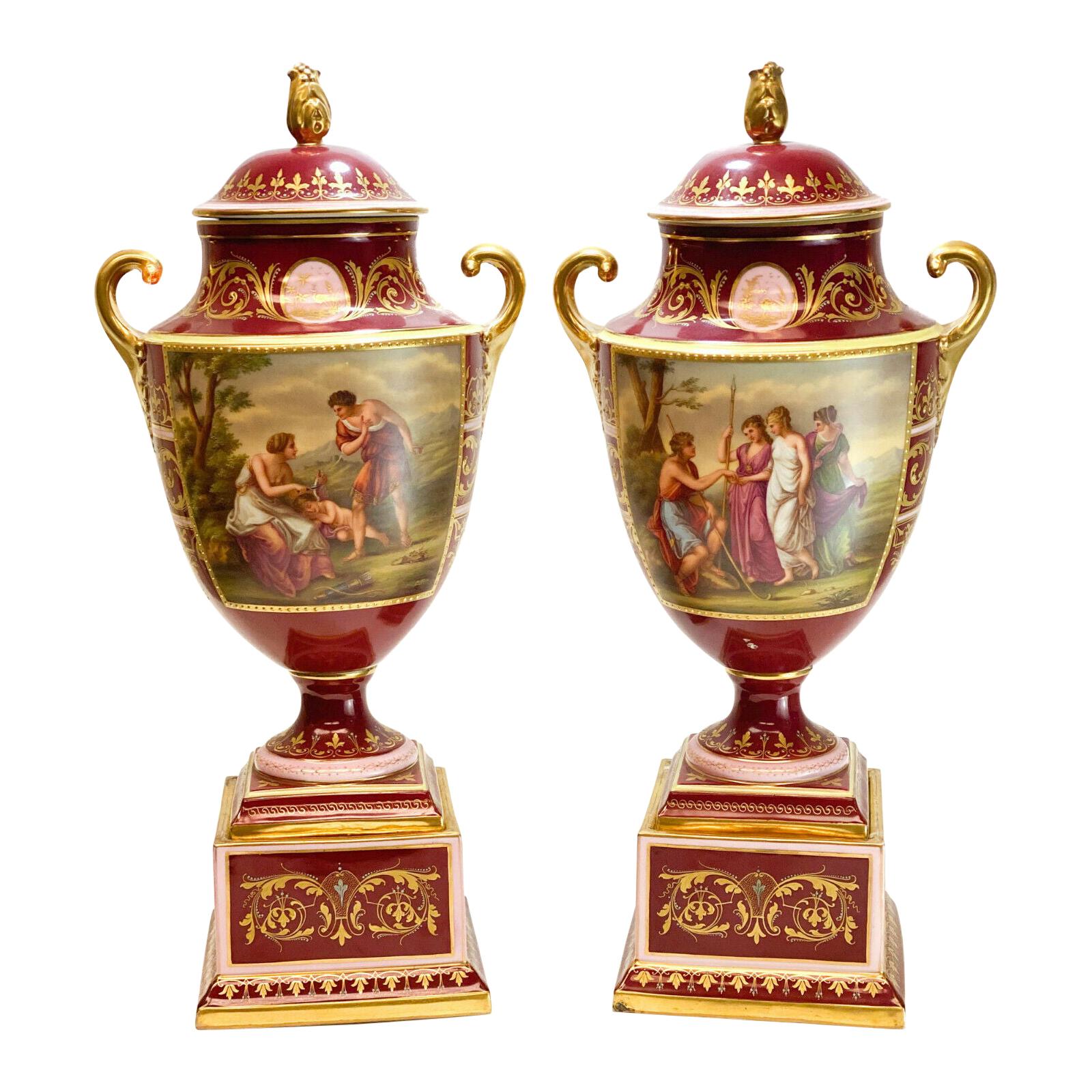 Royal Vienna Austria Hand Painted Porcelain Double Handled Urns For Sale