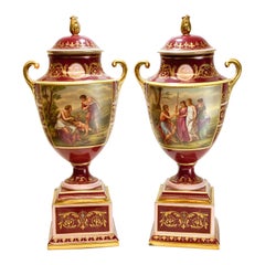 Antique Royal Vienna Austria Hand Painted Porcelain Double Handled Urns