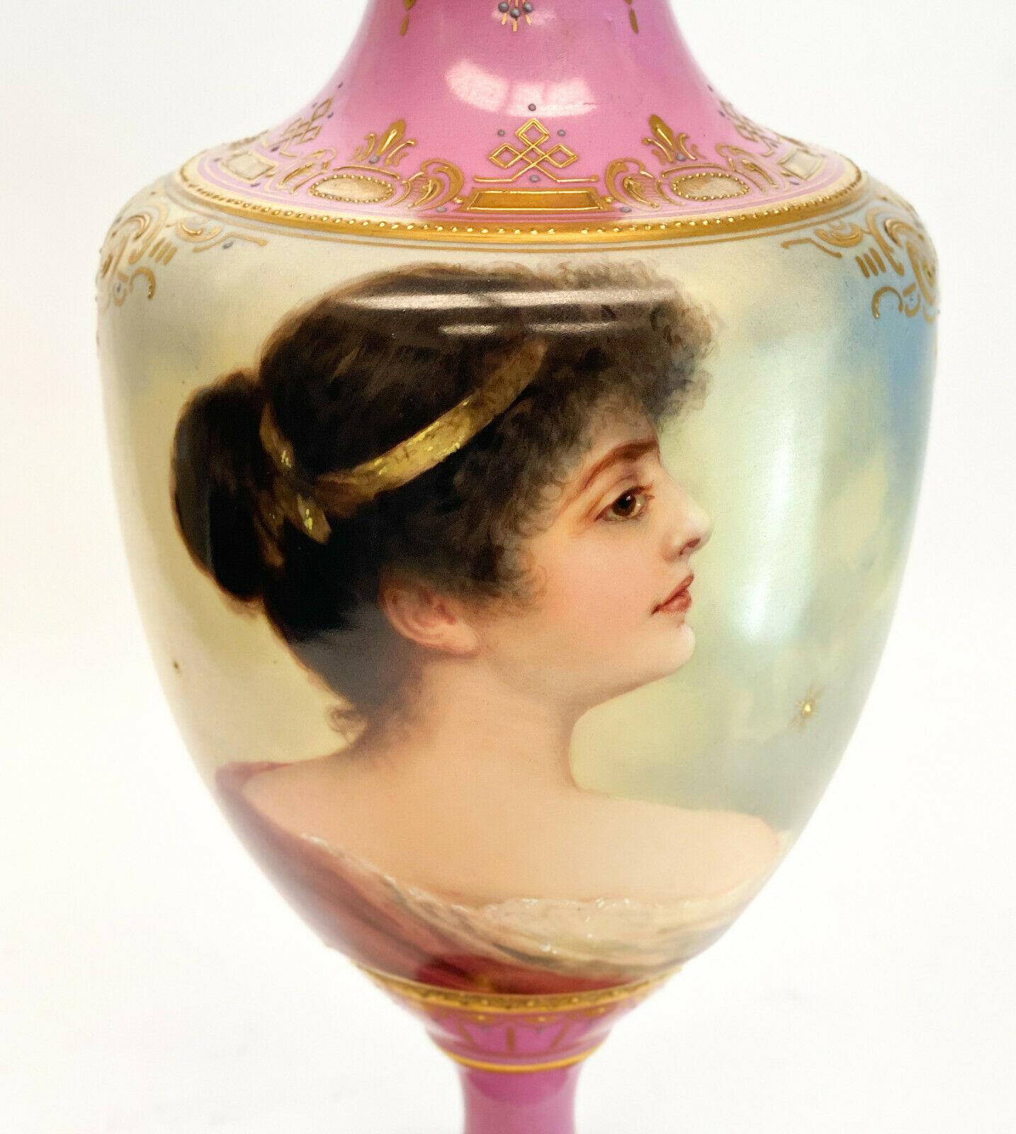 European Royal Vienna Austria Hand Painted Porcelain Footed Vase For Sale