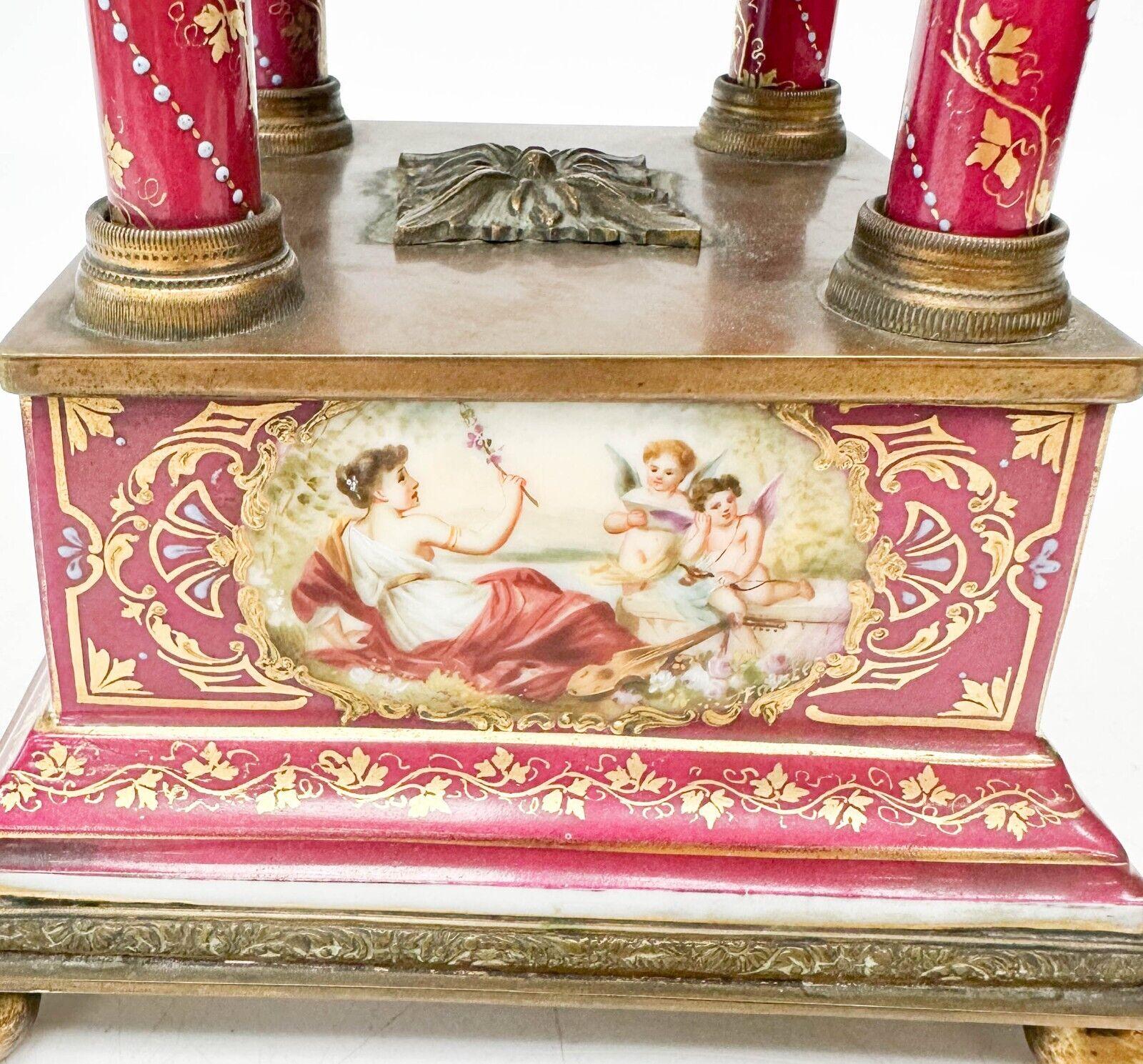 Royal Vienna Austria Hand Painted Porcelain Gilt Bronze Mounted Mantle Clock Red In Good Condition For Sale In Gardena, CA