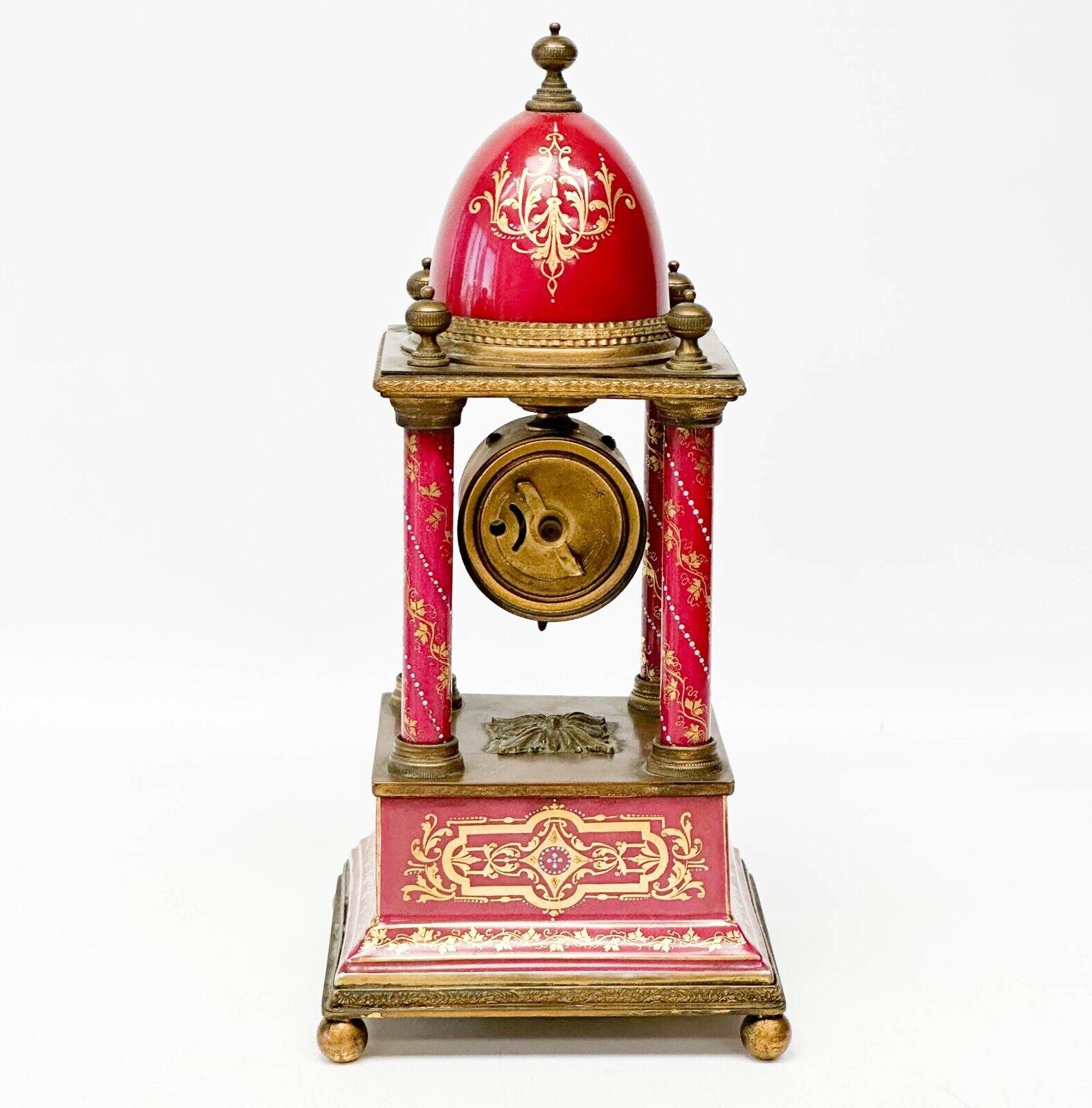 Royal Vienna Austria Hand Painted Porcelain Gilt Bronze Mounted Mantle Clock Red For Sale 2