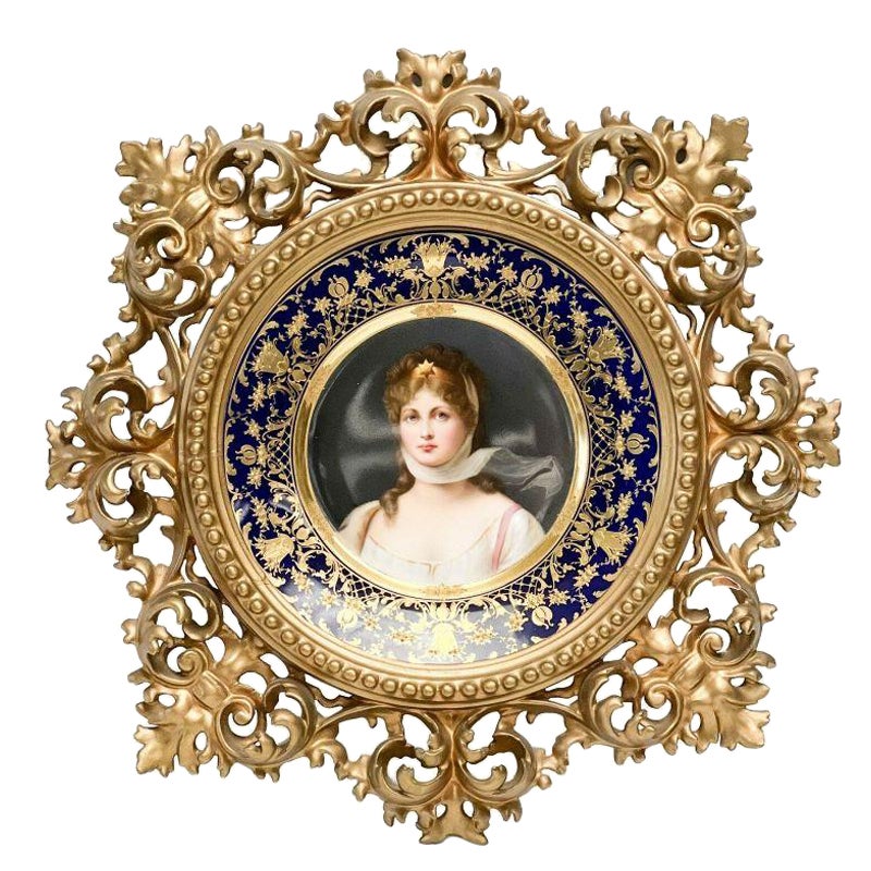 Royal Vienna Austria Hand Painted Porcelain Portrait Queen Louise Plate in Frame For Sale