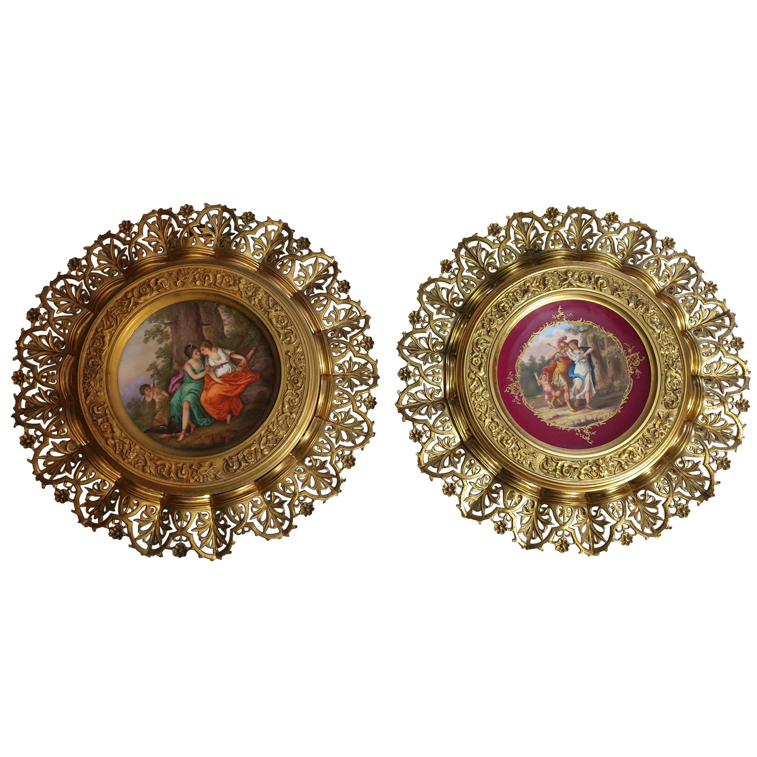 Royal Vienna Reticulated Royal Red Plates On Gilt Bronze Frames 19th Century
