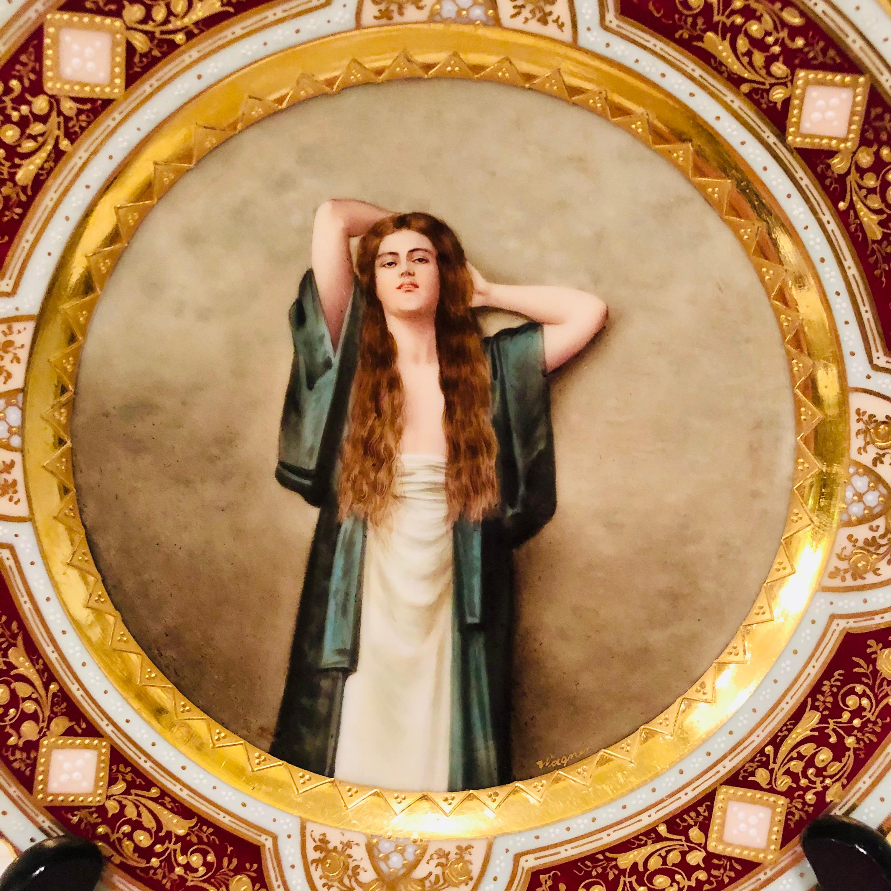 Assiette de cabinet « Royal Vienna » avec bardot signée Wagner, femme aux cheveux rouges longs en vente 8