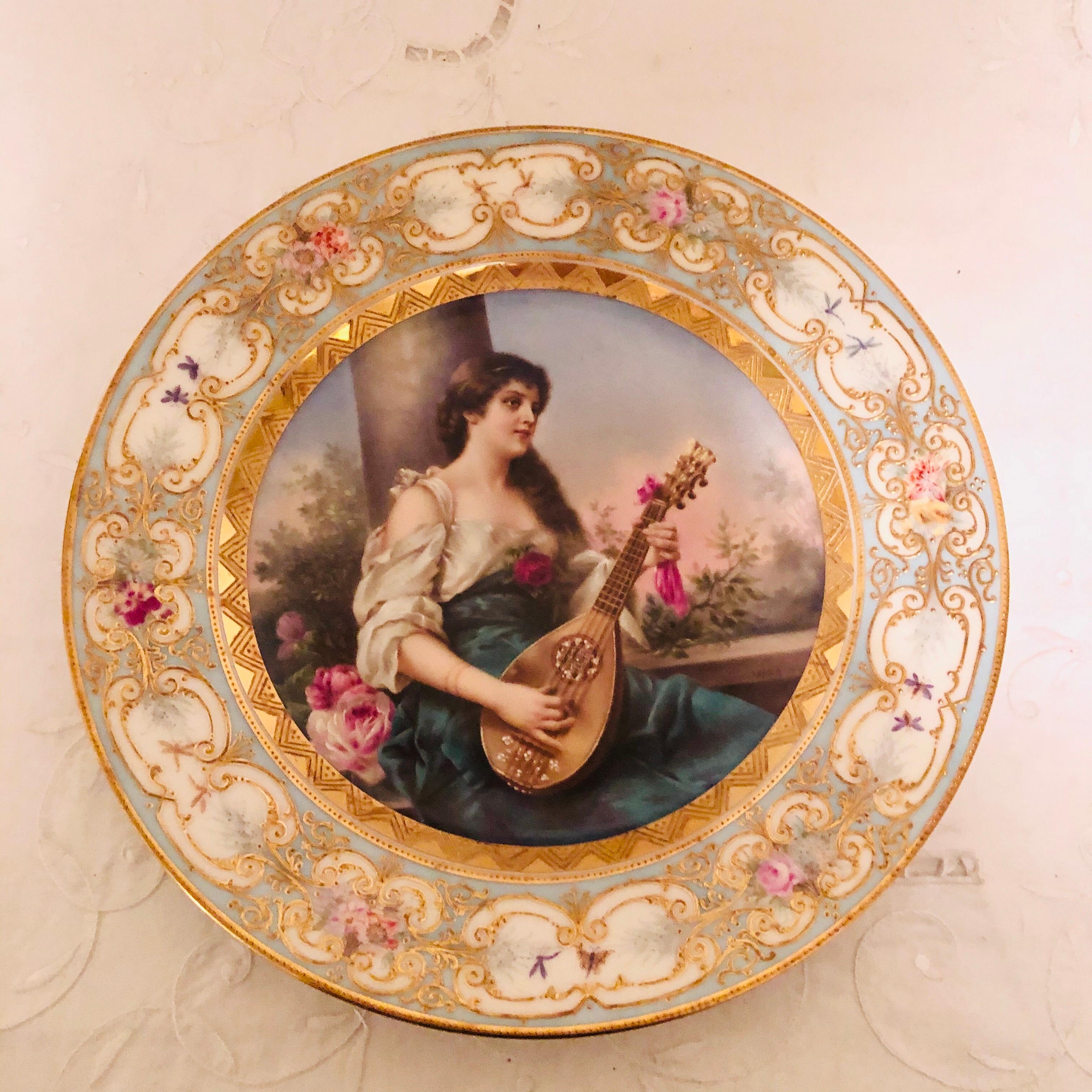 Hand-Painted Royal Vienna Cabinet Plate of Lady Playing the Mandolin Signed Wagner