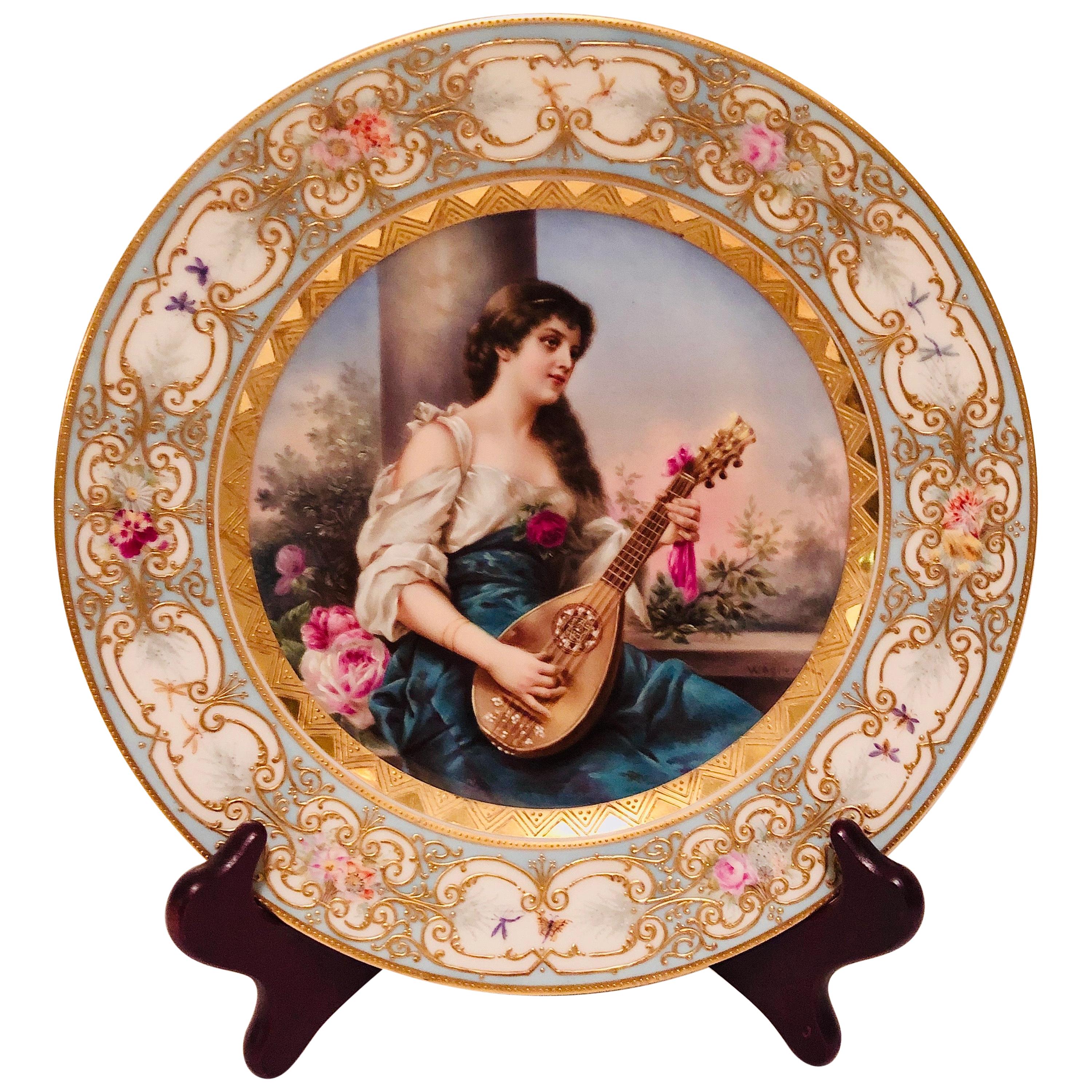 Royal Vienna Cabinet Plate of Lady Playing the Mandolin Signed Wagner