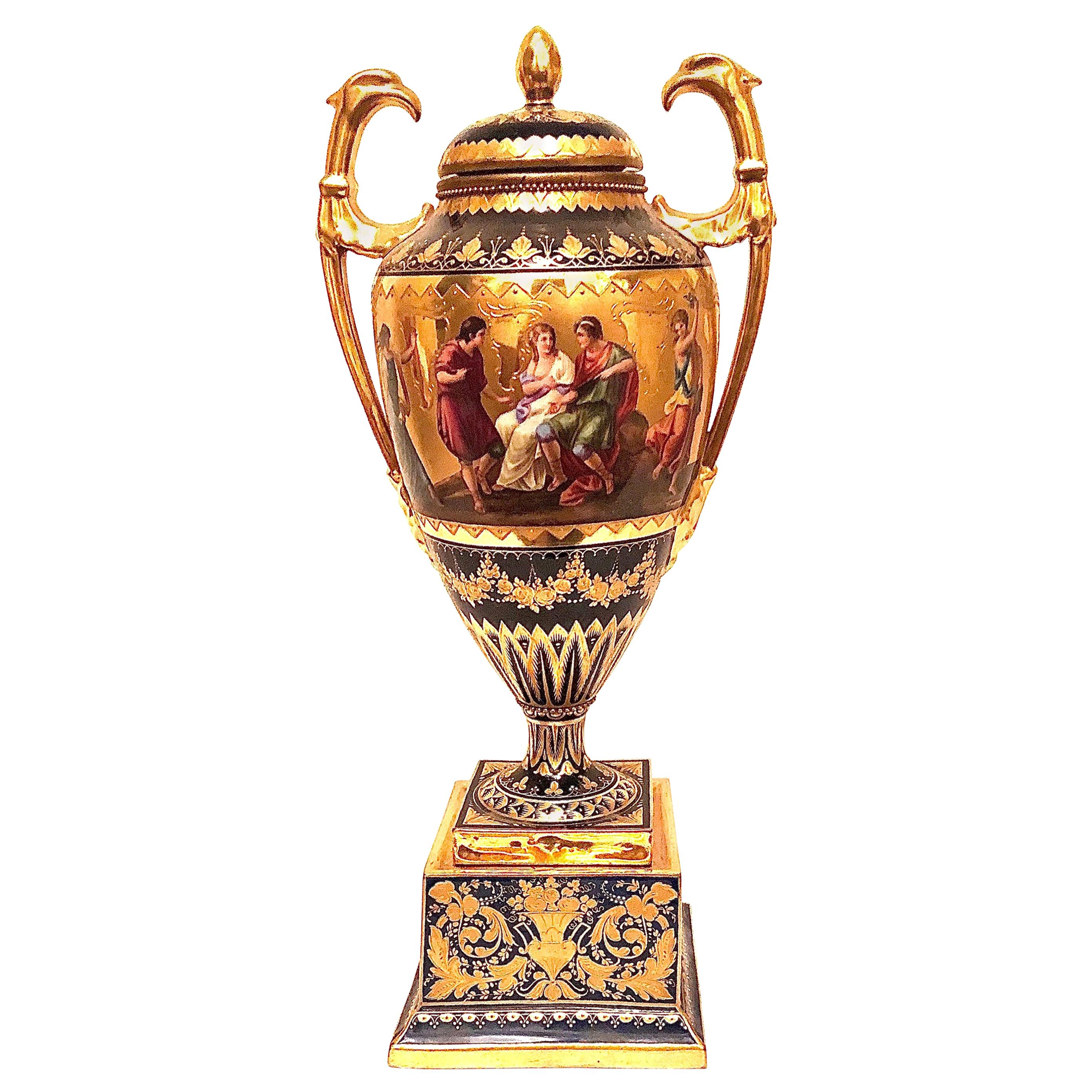 "Royal Vienna" Cobalt Urn with Museum Quality Paintings Artist Signed Wagner For Sale