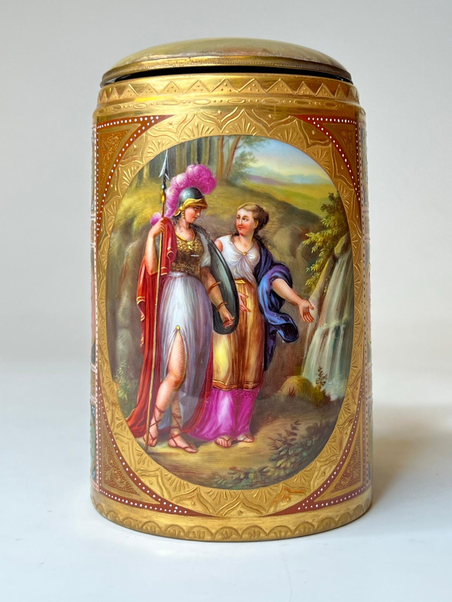 19th century Austrian stein with finely painted neoclassical cartouches celebrating the Roman goddess, Minerva, with extensive enameled and gilt decorations.  Excellent condition.  