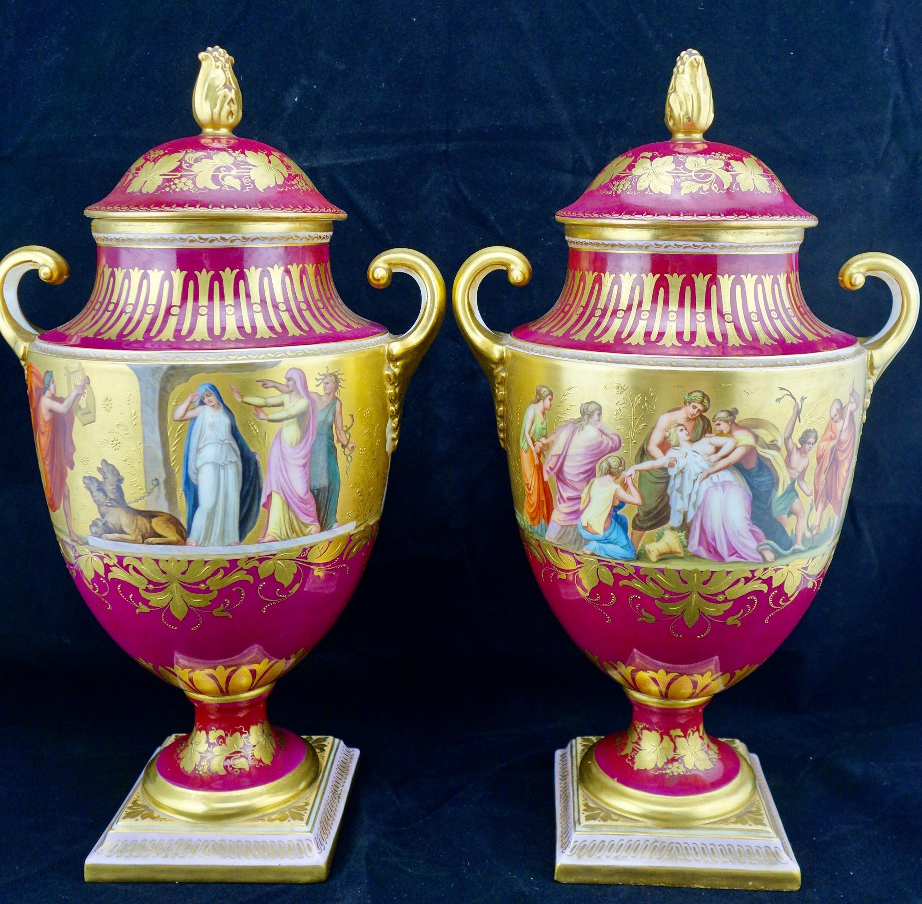 Royal Vienna pair of finely hand painted and background gilded covered vases. The vases are in neoclassical style, depicting the scenes from the legends of Orpheus and Eurydice. Each scene is annotated in German on the bottom of the corresponding