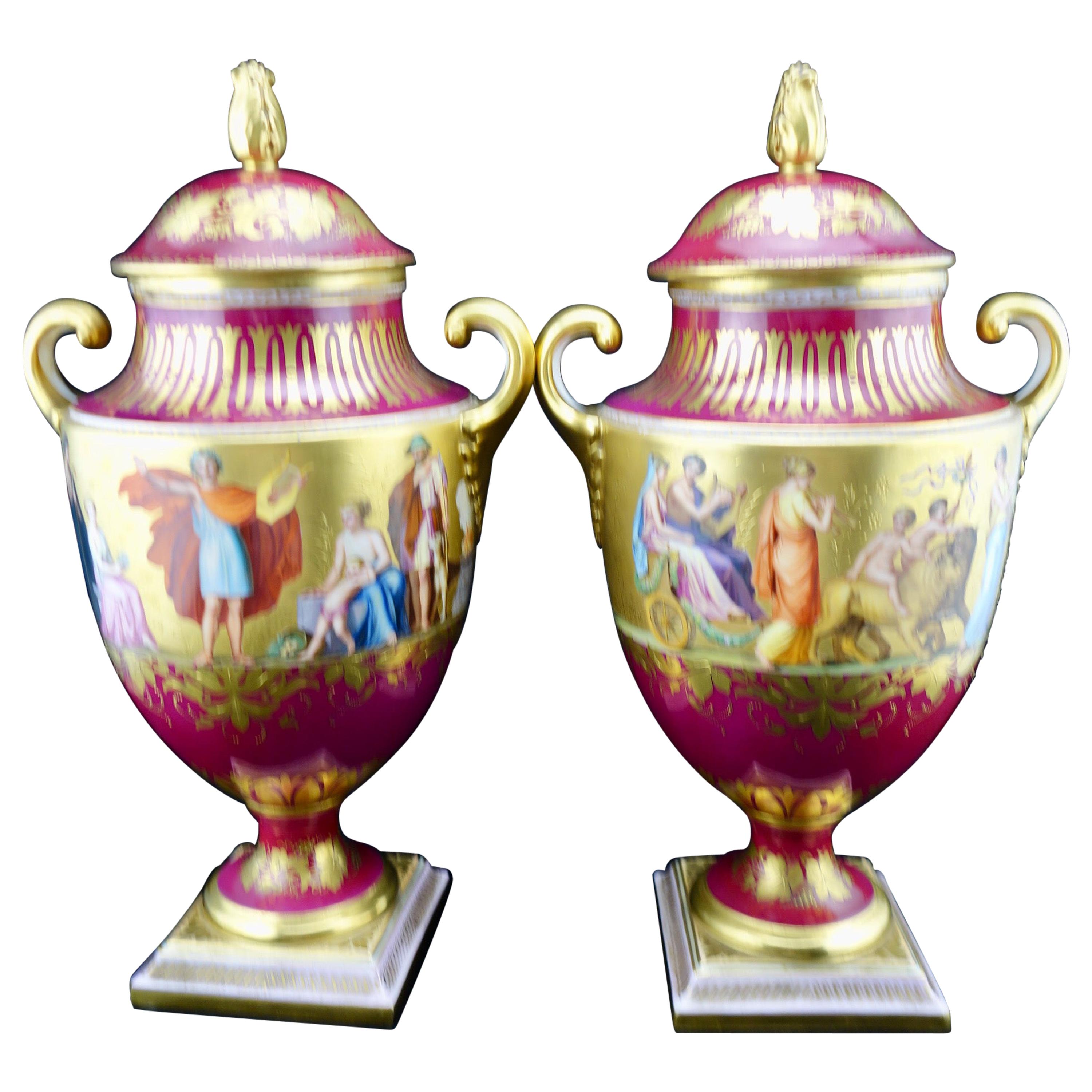 Royal Vienna Pair of Finely Painting and Gilded Covered Vases, circa 1860-1880 For Sale