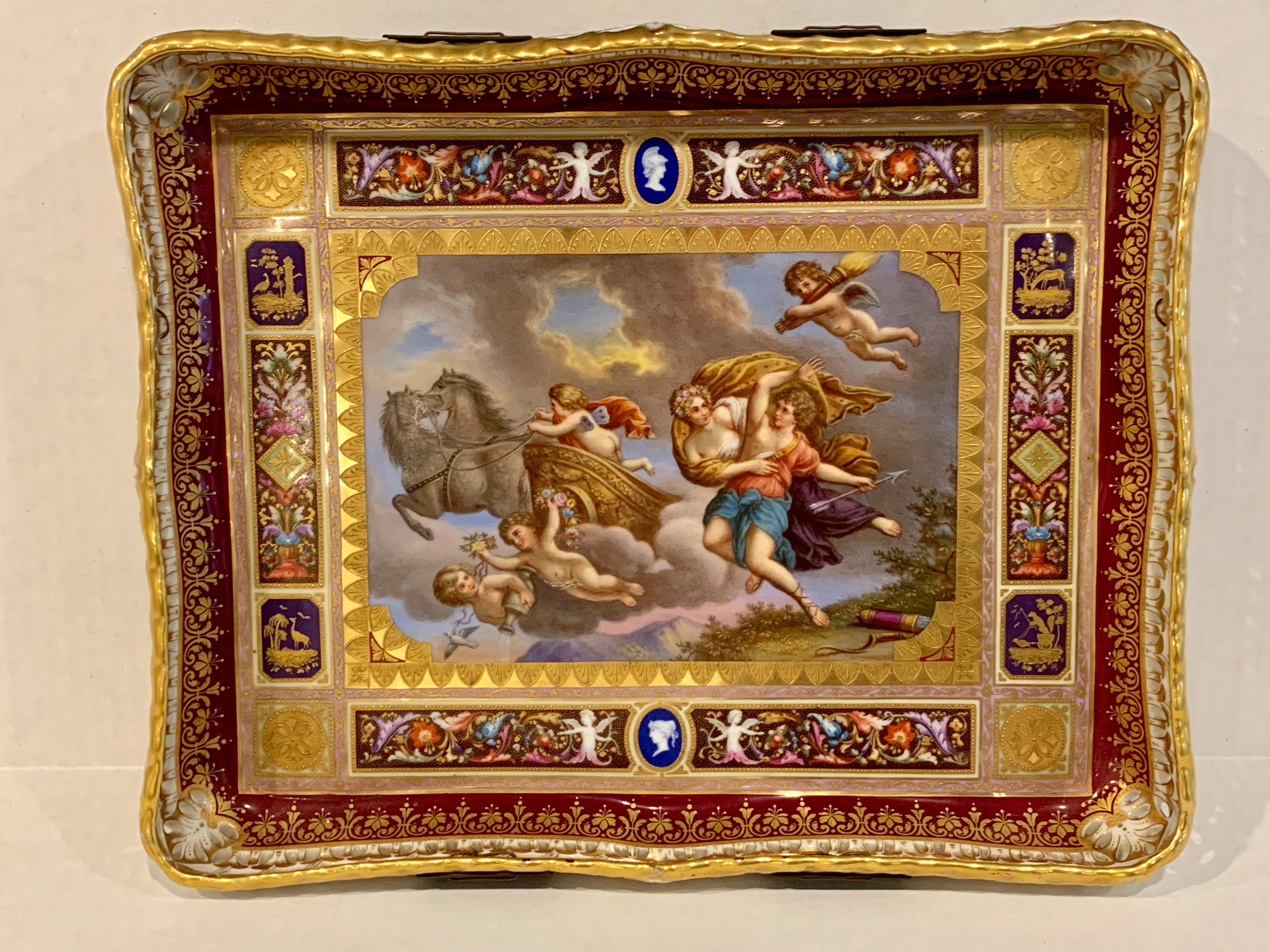 Royal Vienna pierced tray depicting cupid and the Charriot of Venus. Magnificently decorated, gilt and enameled gallery tray. Blue beehive mark, central panel of Aphrodite or Venus and cupids, paper label on back 