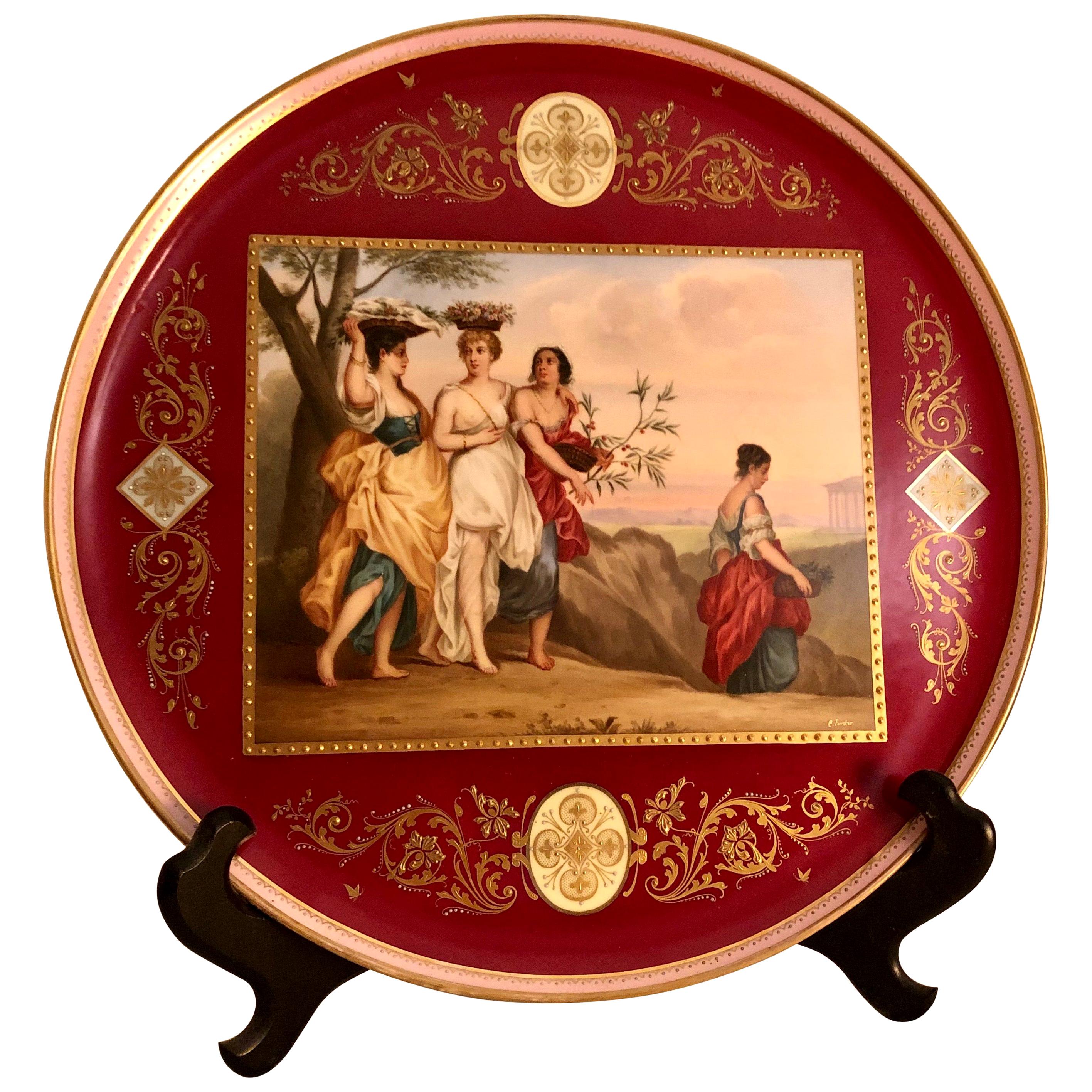 "Royal Vienna” Plaque Painted with 4 Ladies with Flower Baskets on Their Heads