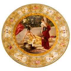 "Royal Vienna" Plate Painted with Two Ladies and a Bird at a Tiled Watering Hole