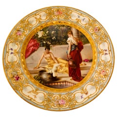 Antique "Royal Vienna" Plate Painted with Two Ladies and a Bird at a Tiled Watering Hole