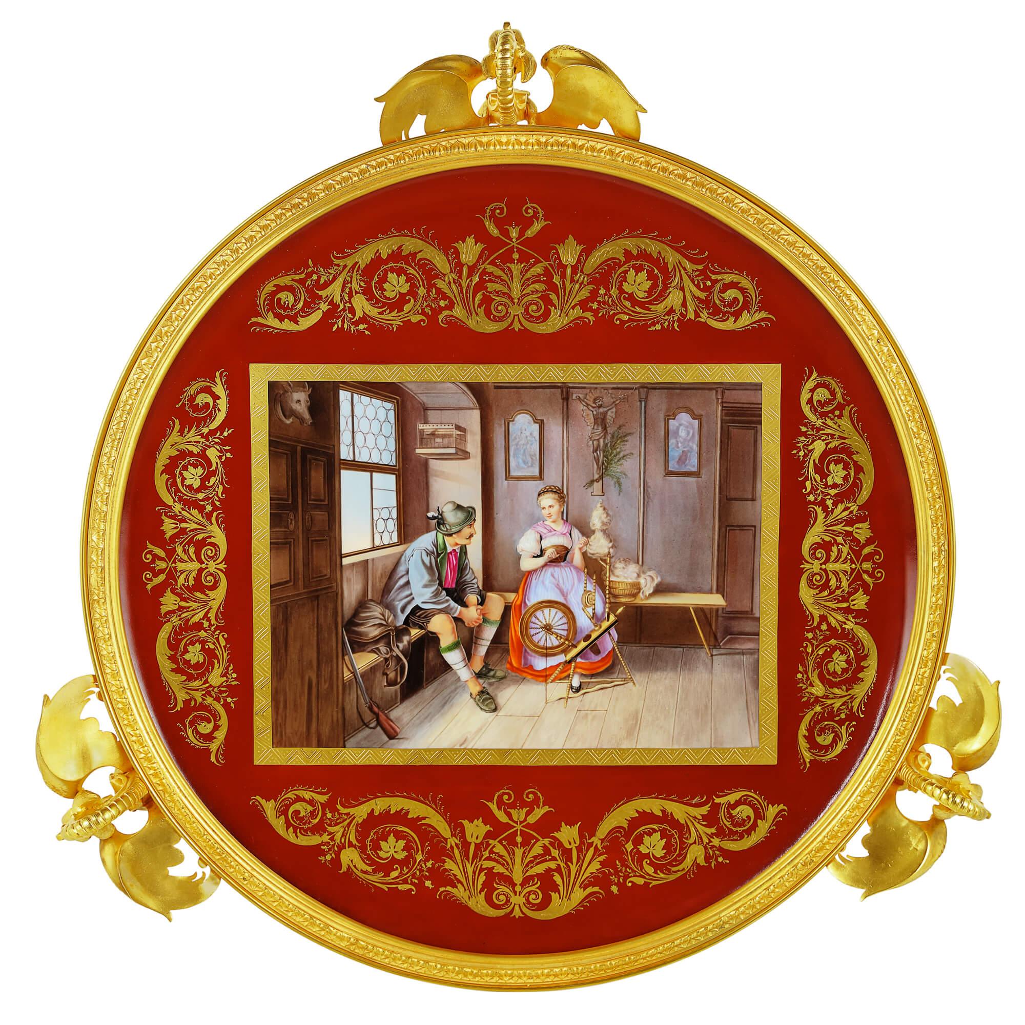 Runder Beistelltisch aus königlichem Wiener Porzellan und vergoldeter Bronze
Österreicher, um 1870 
Maße: Höhe 84cm, Durchmesser 56cm

Dieser runde Beistelltisch ist ein wahrhaft exquisites Designerstück, das sowohl in einem antiken als auch in