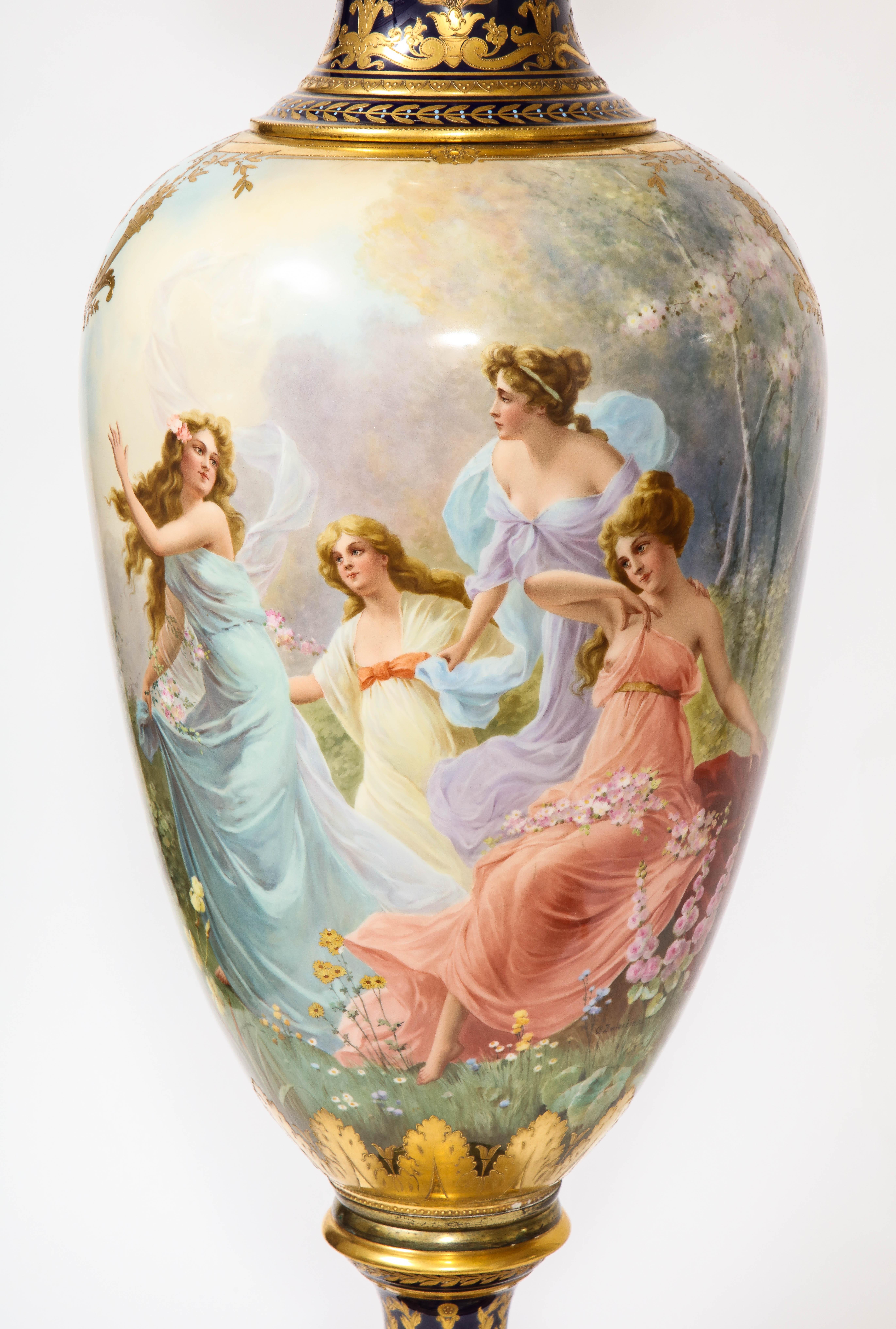 Neoclassical Royal Vienna Porcelain Cobalt Blue Ground Turquoise Jeweled Vase, O. Zwierzina