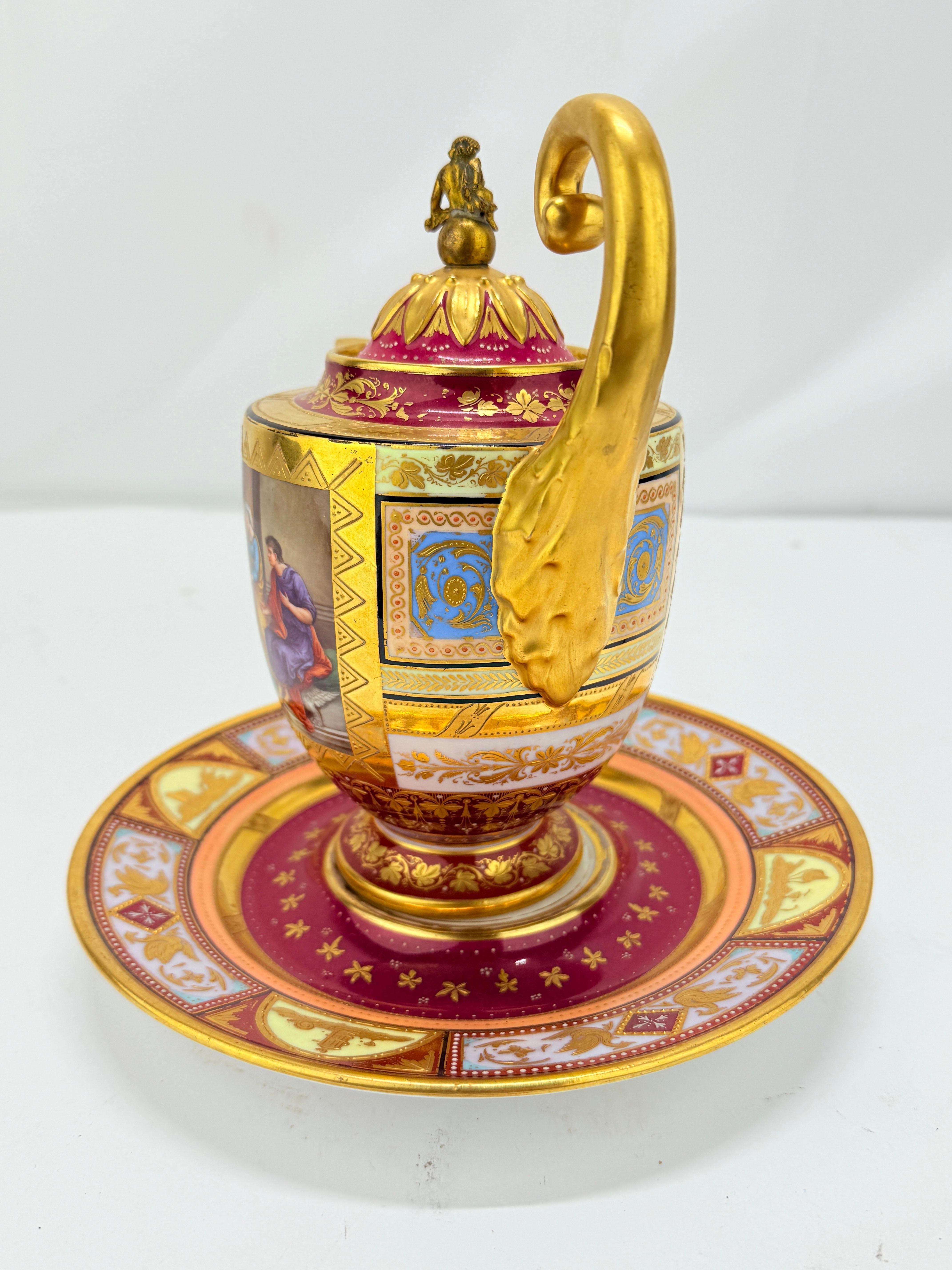 Neoclassical Royal Vienna Porcelain Covered Pitcher & Underplate Hector and Paris, Circa 1830 For Sale