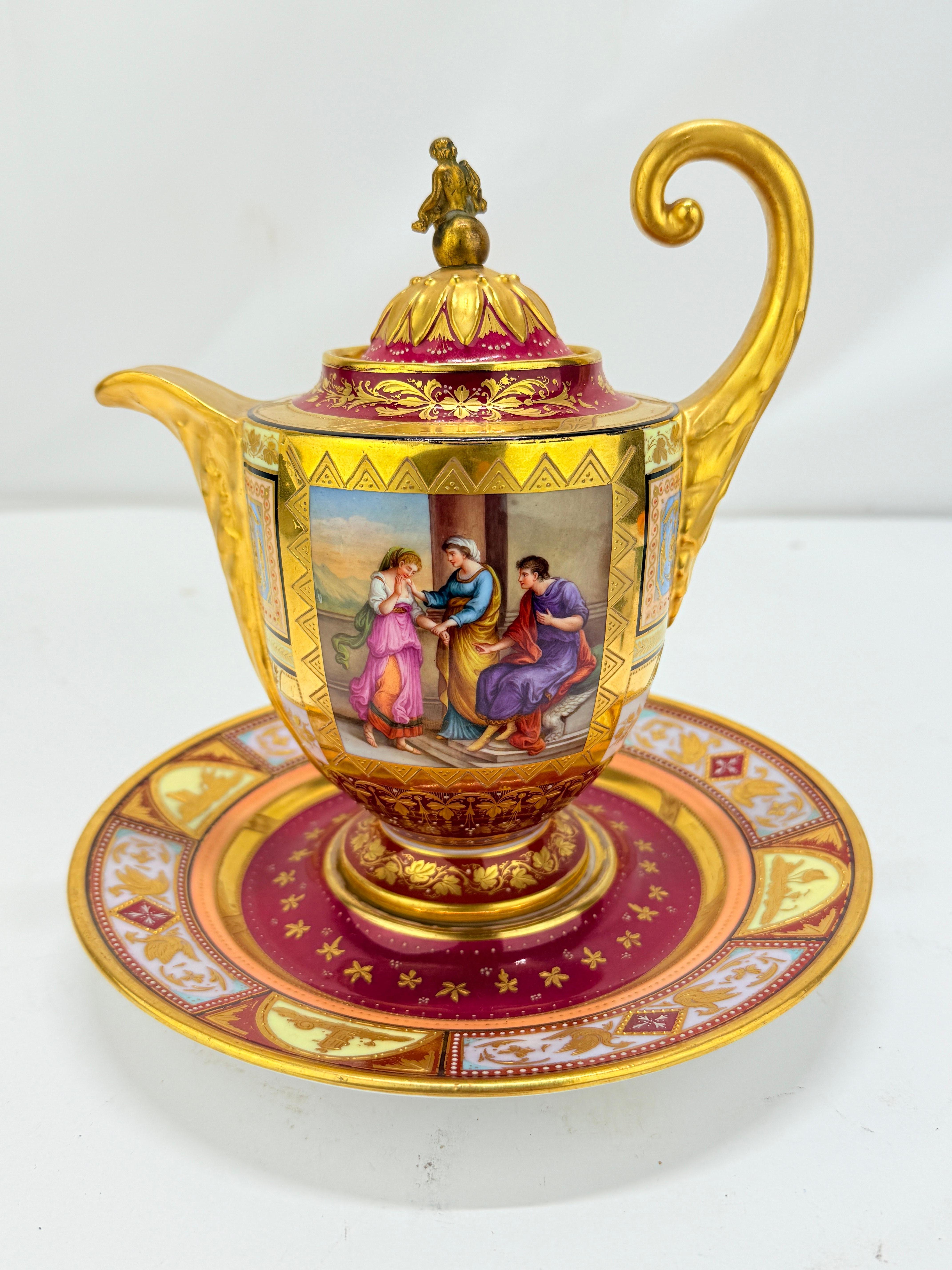 Austrian Royal Vienna Porcelain Covered Pitcher & Underplate Hector and Paris, Circa 1830 For Sale