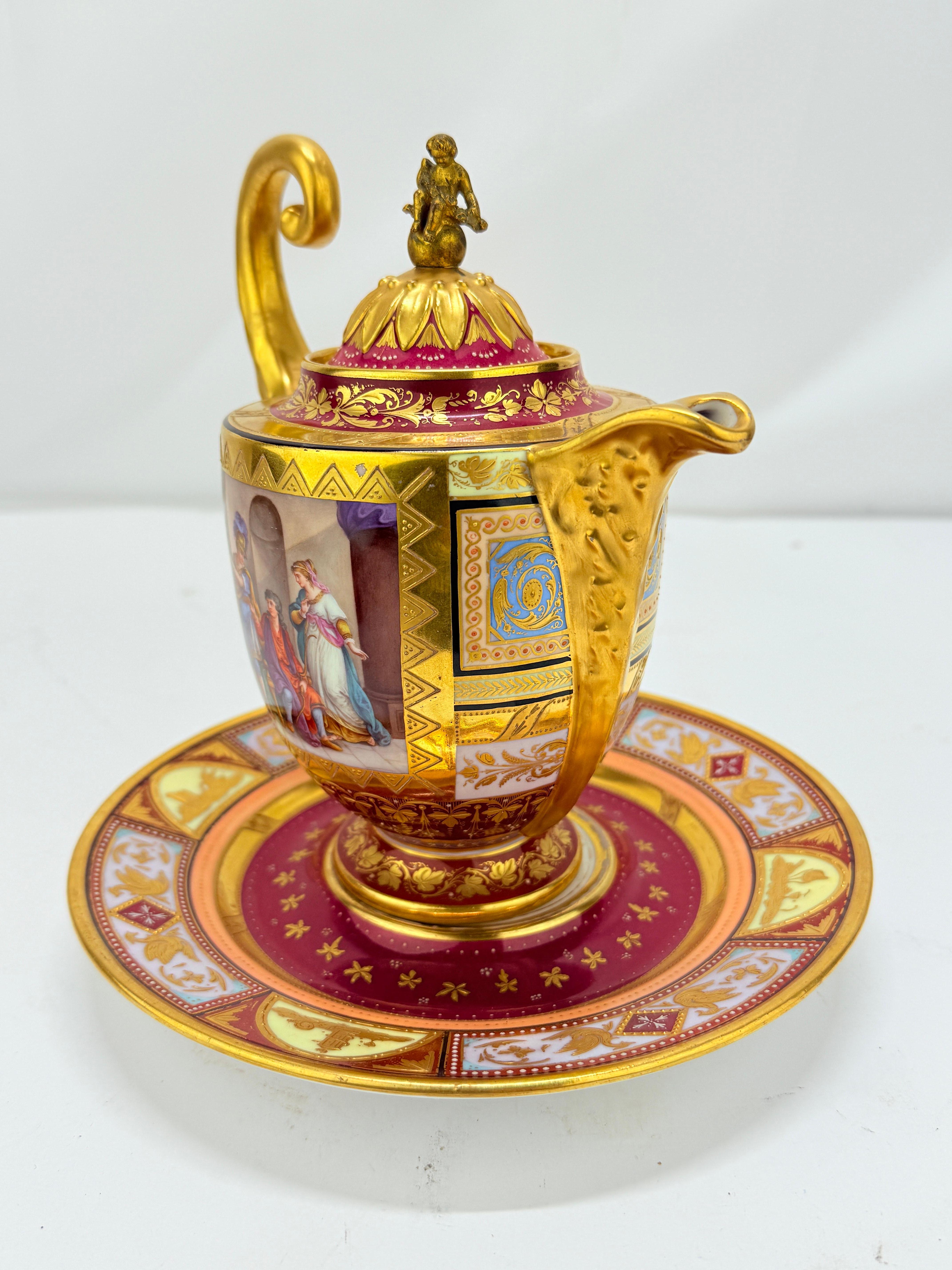 19th Century Royal Vienna Porcelain Covered Pitcher & Underplate Hector and Paris, Circa 1830 For Sale