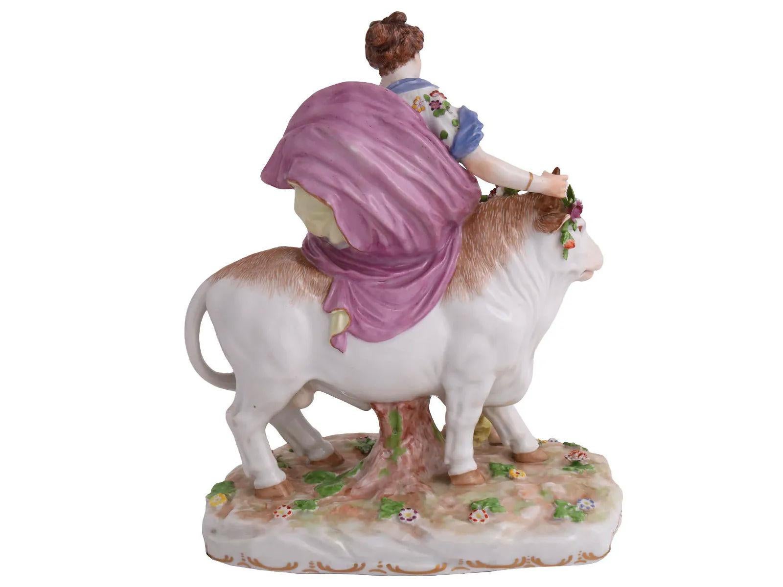 Our porcelain figurine depicting Europa riding a bull is a depiction of the legendary tale of the Rape of Europa from Metamorphoses by Ovid.

It tells of the abduction of Europa by Jupiter, disguised as a bull. Charmed by the bull’s good nature,