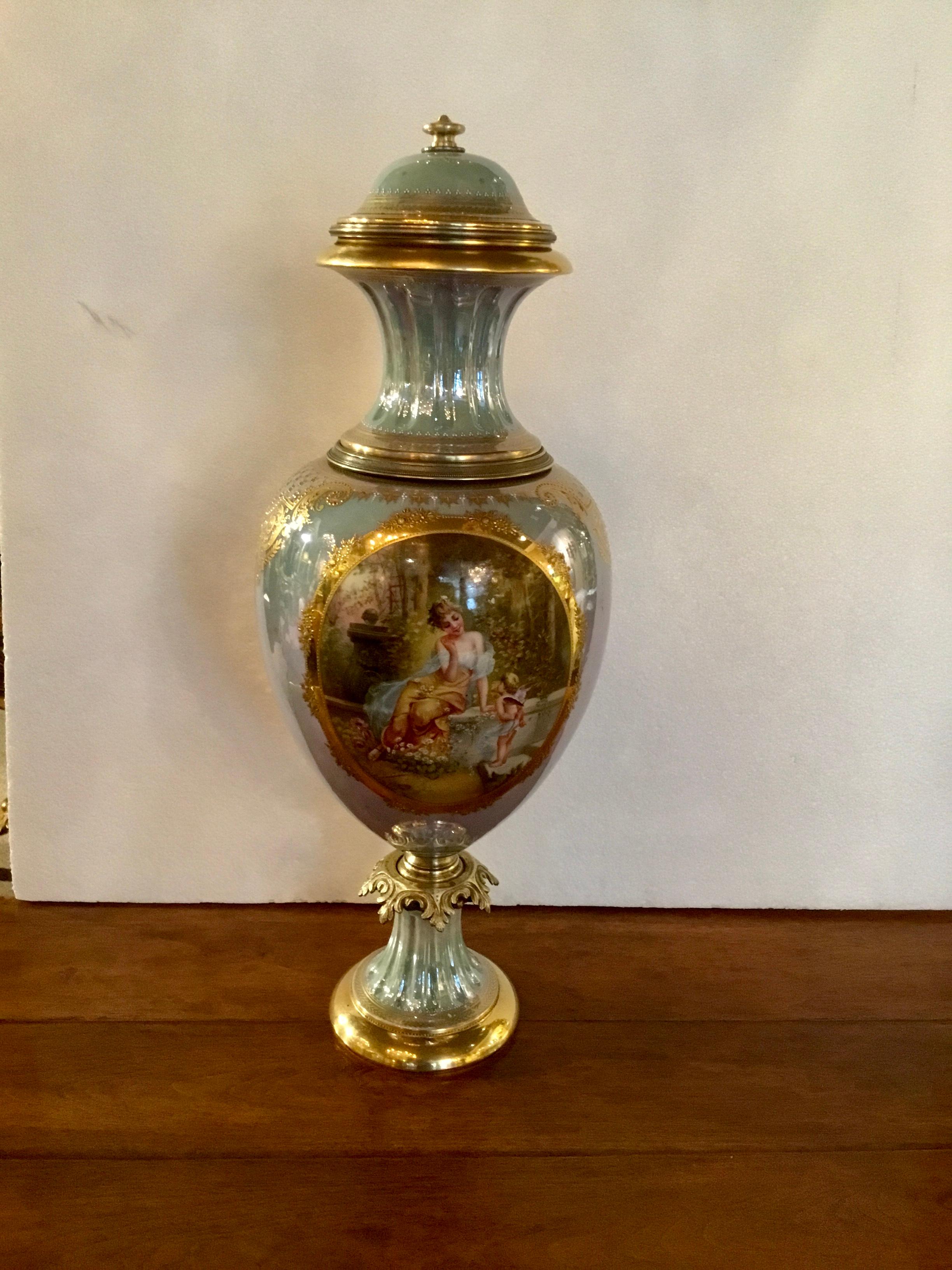 Royal Vienna Porcelain Urn Painted with Neoclassical Woman and Angel in Garden 4
