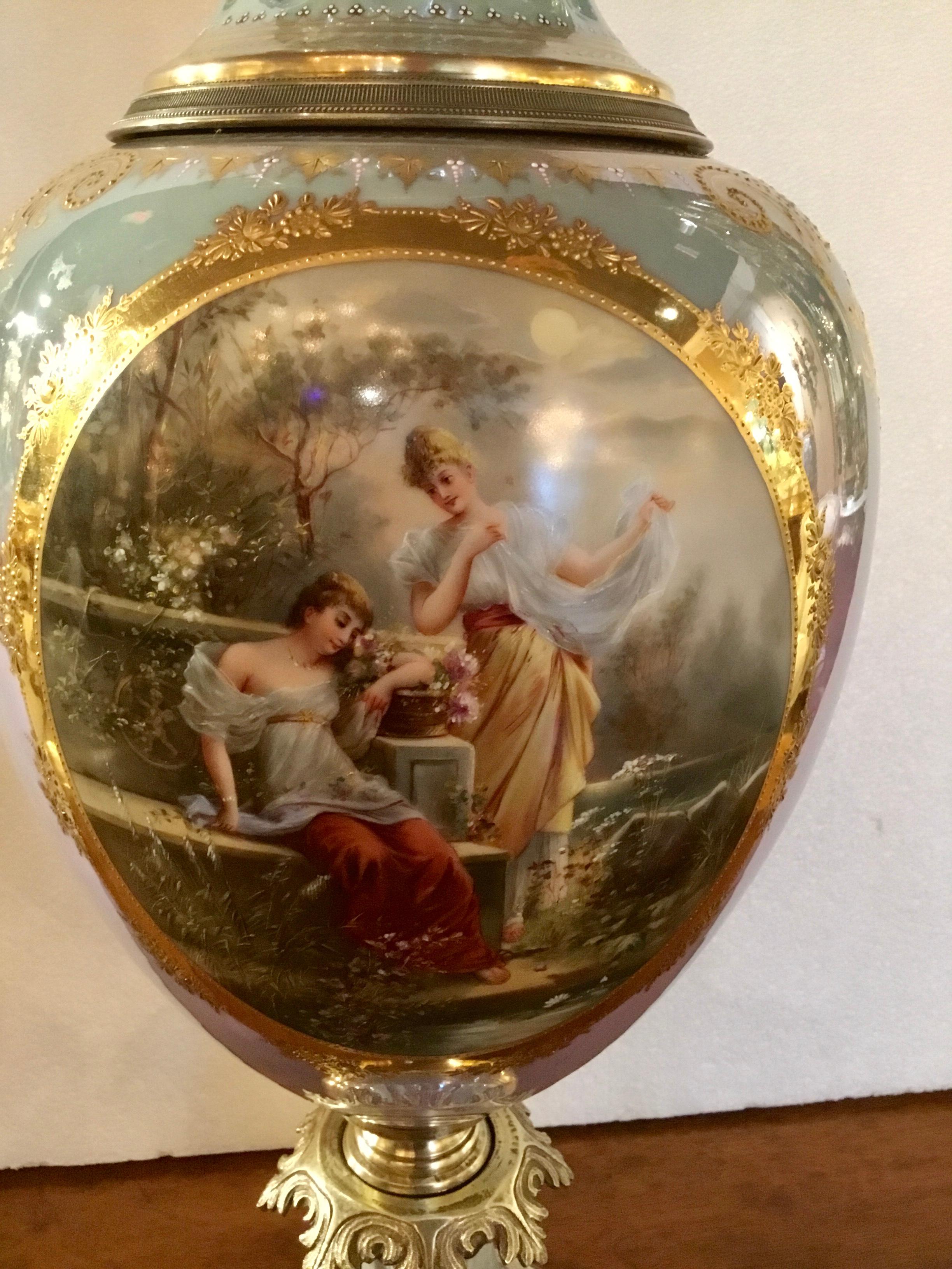 Royal Vienna Porcelain Urn Painted with Neoclassical Woman and Angel in Garden 6