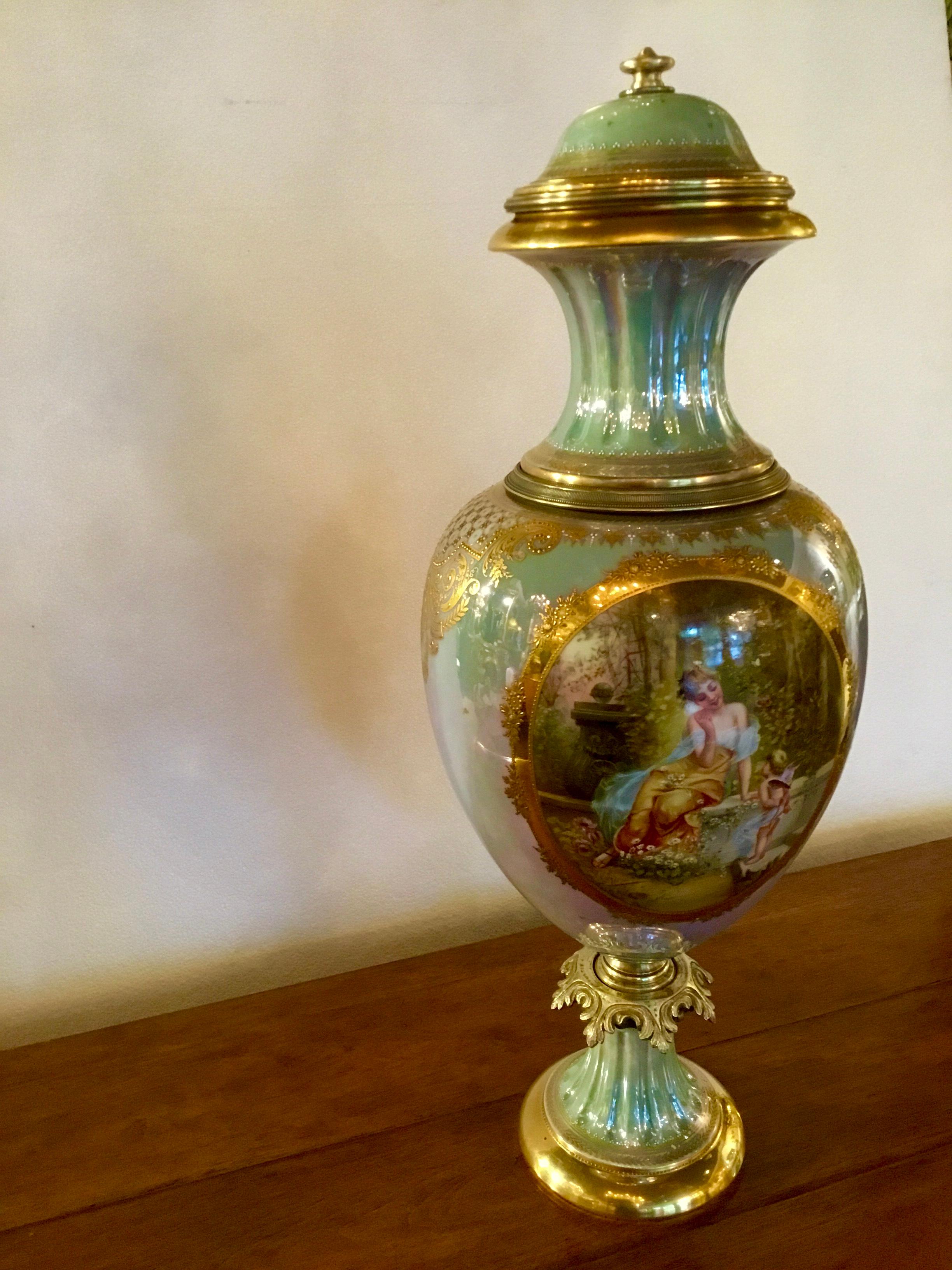 Austrian Royal Vienna Porcelain Urn Painted with Neoclassical Woman and Angel in Garden