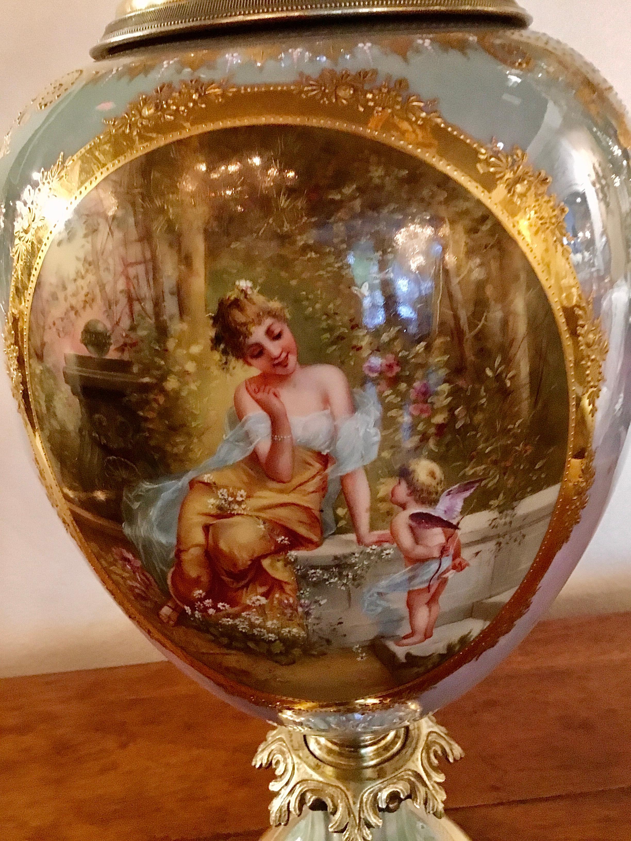 Hand-Painted Royal Vienna Porcelain Urn Painted with Neoclassical Woman and Angel in Garden