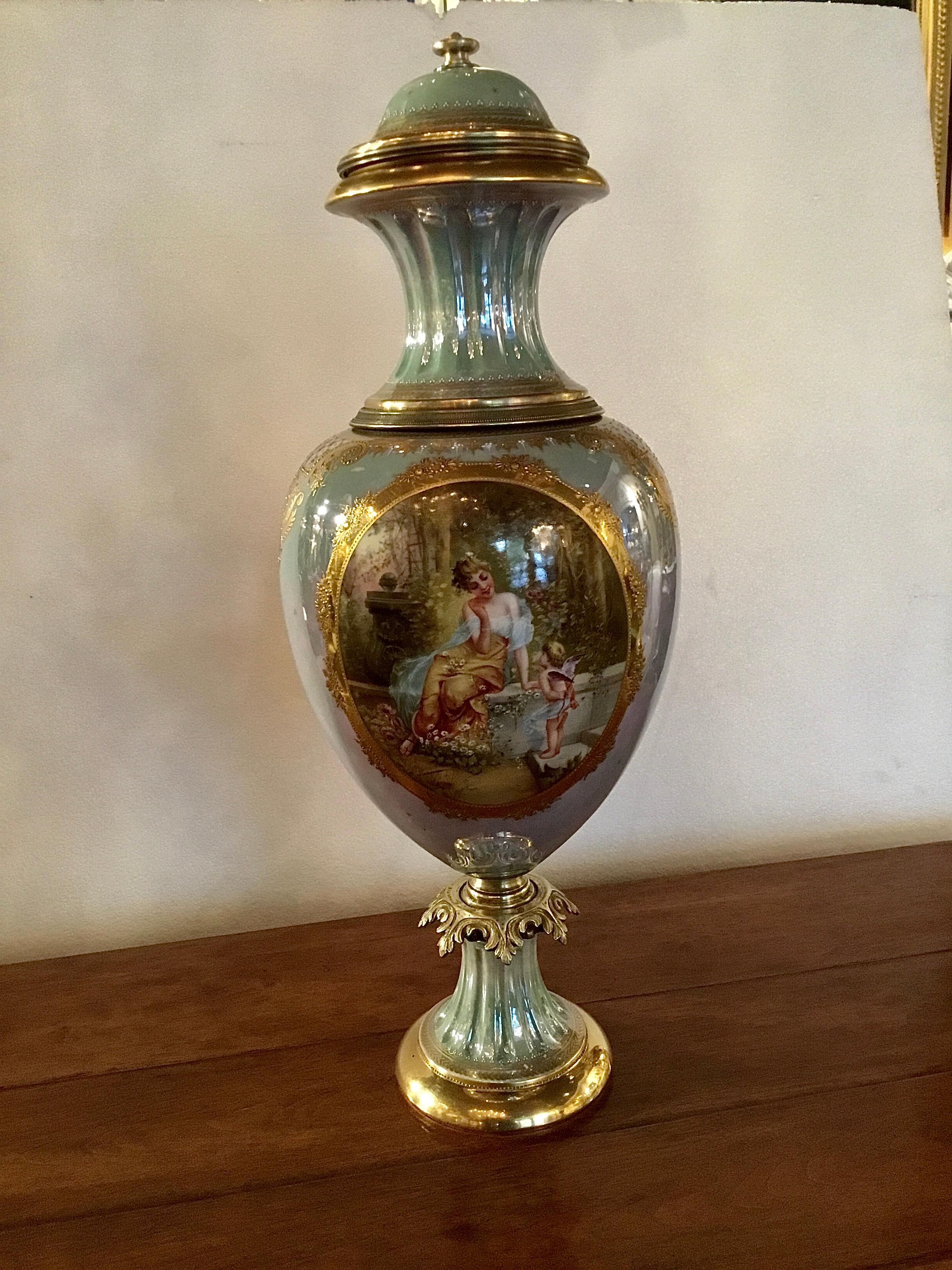 19th Century Royal Vienna Porcelain Urn Painted with Neoclassical Woman and Angel in Garden