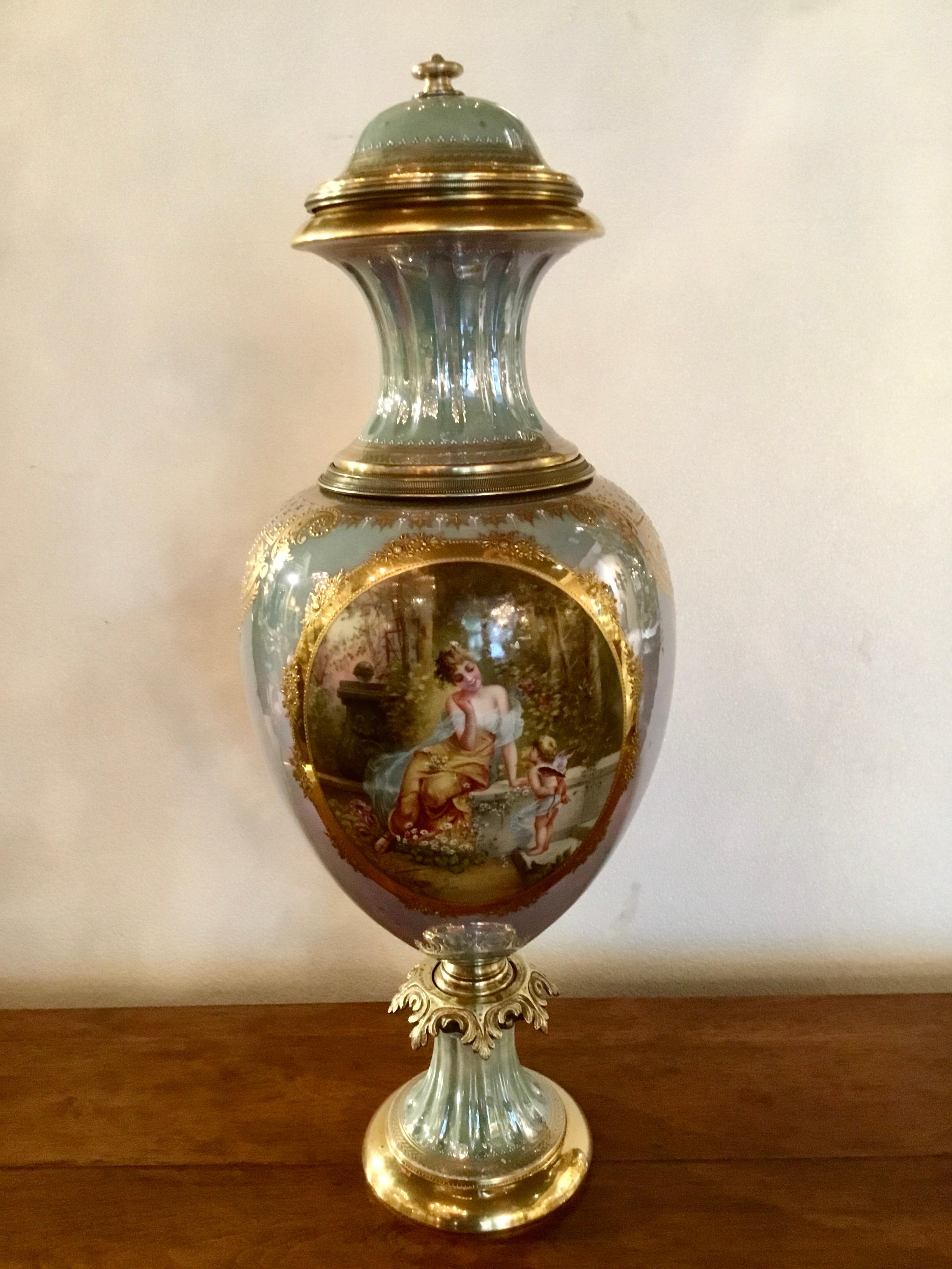 Royal Vienna Porcelain Urn Painted with Neoclassical Woman and Angel in Garden 2